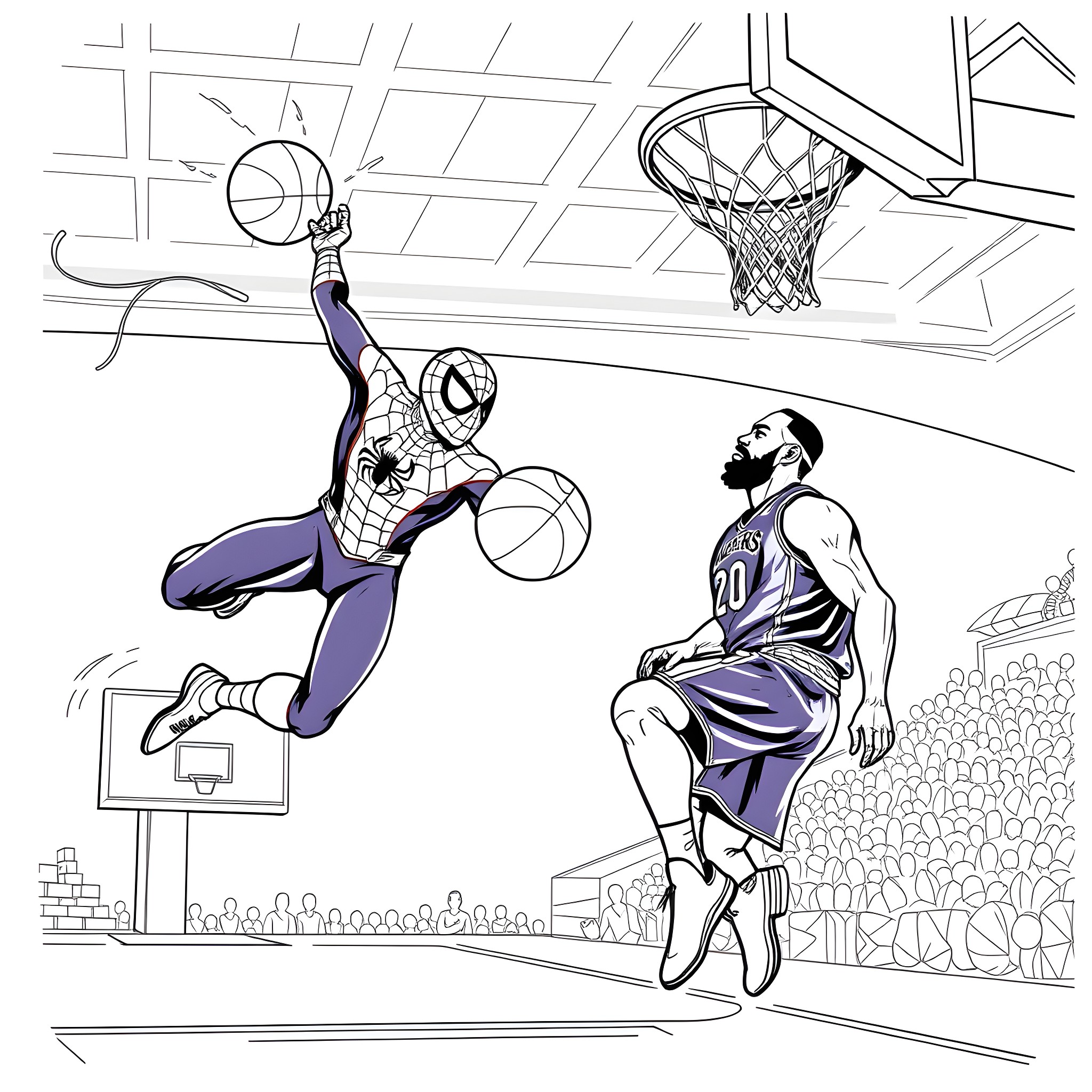 Spider-Man soars past basketball player on court Coloring Page (free black-and-white line drawing printable PDF for all, from beginners to advanced learners, including children, teens, adults, and seniors)