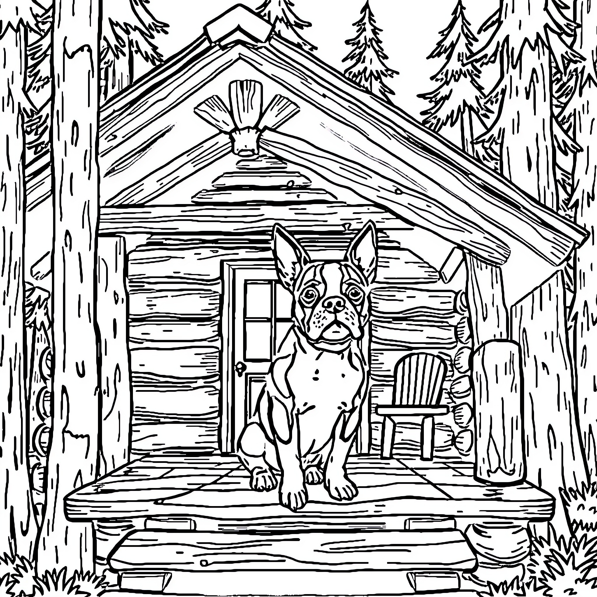 Boston Terrier guarding a cozy cabin in the woods Coloring Page (free black-and-white line drawing printable PDF for all, from beginners to advanced learners, including children, teens, adults, and seniors)