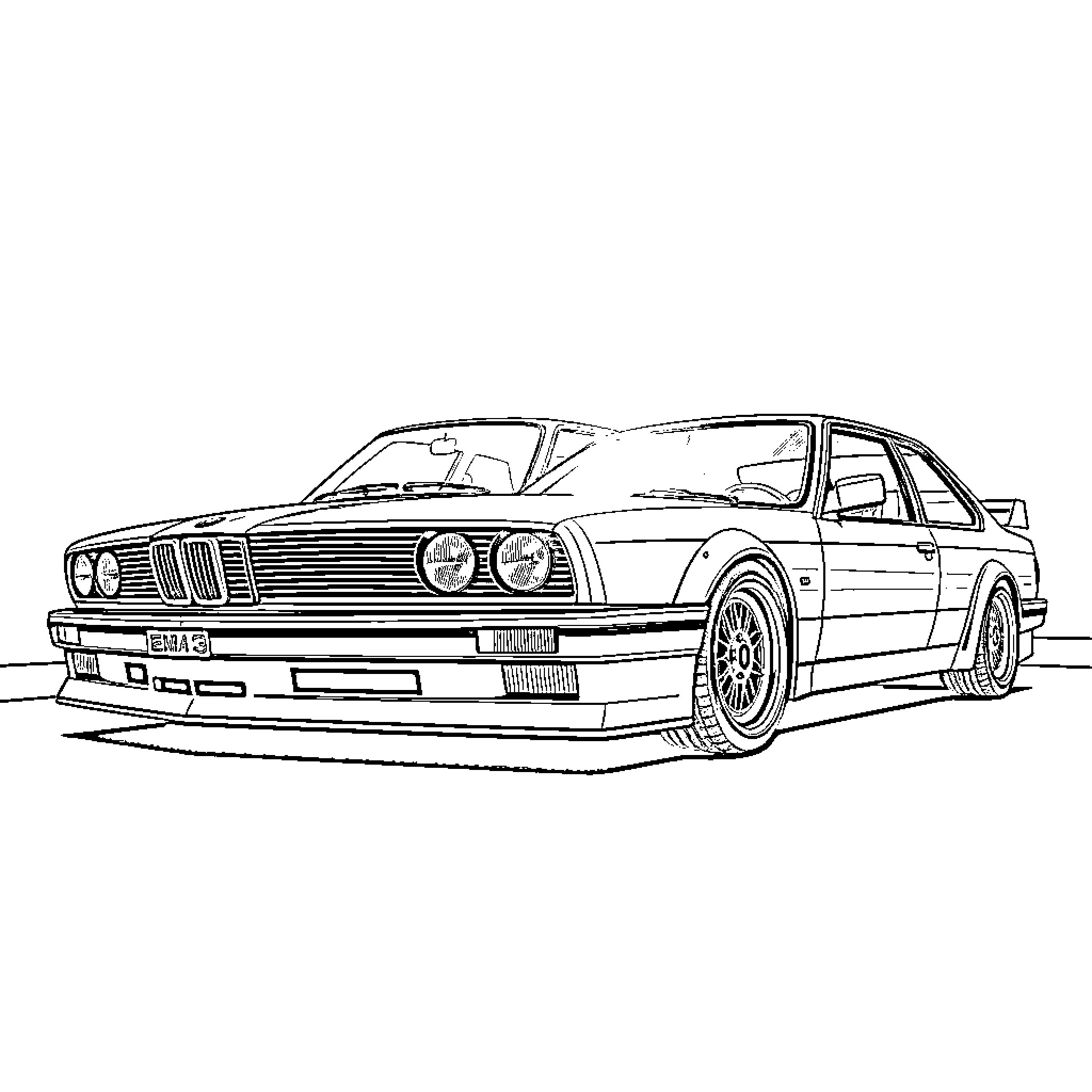 E30 M3 driving on the street Coloring Page (free black-and-white line drawing printable PDF for all, from beginners to advanced learners, including children, teens, adults, and seniors)