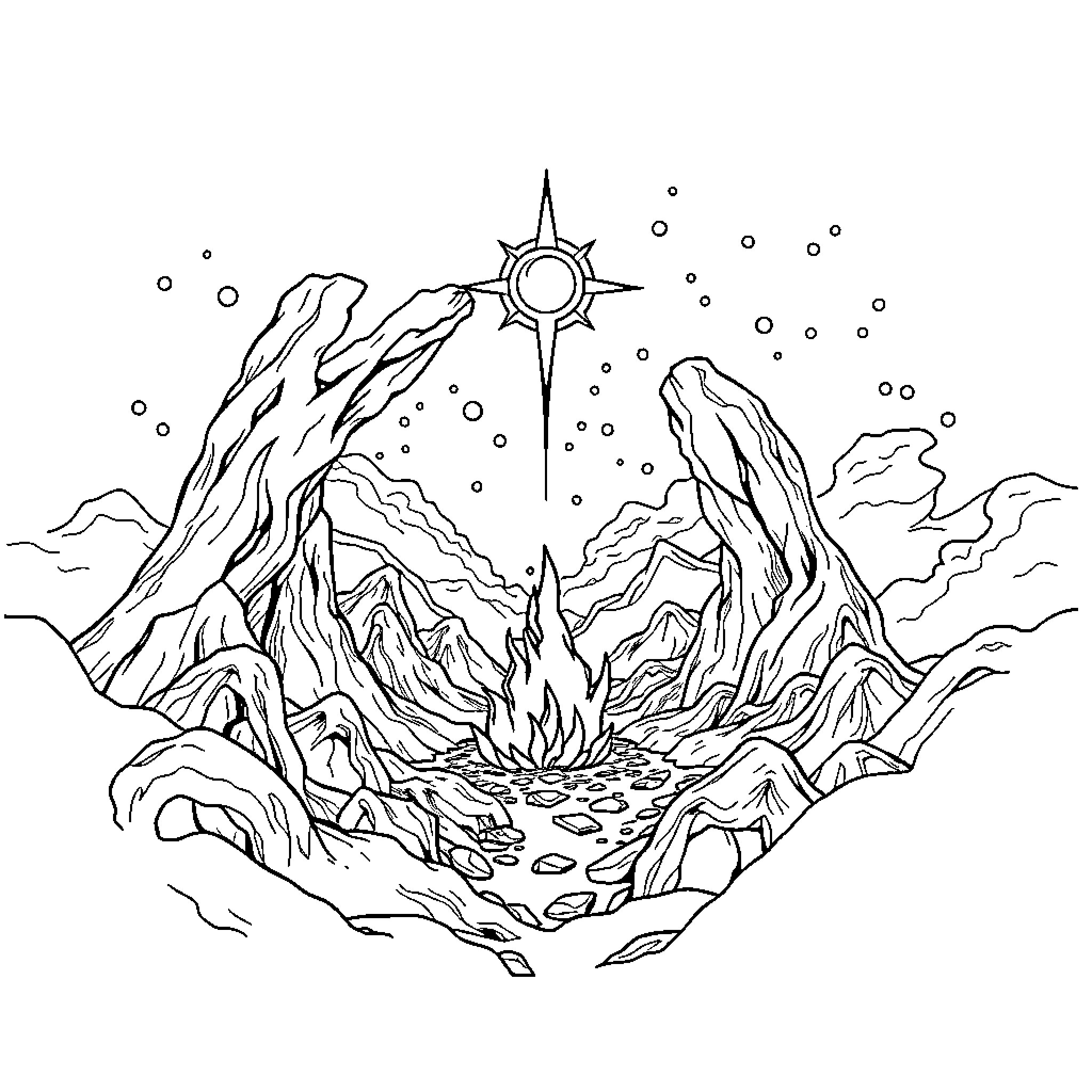 Genesis of a Mystical Mountain Landscape Coloring Page (free black-and-white line drawing printable PDF for all, from beginners to advanced learners, including children, teens, adults, and seniors)