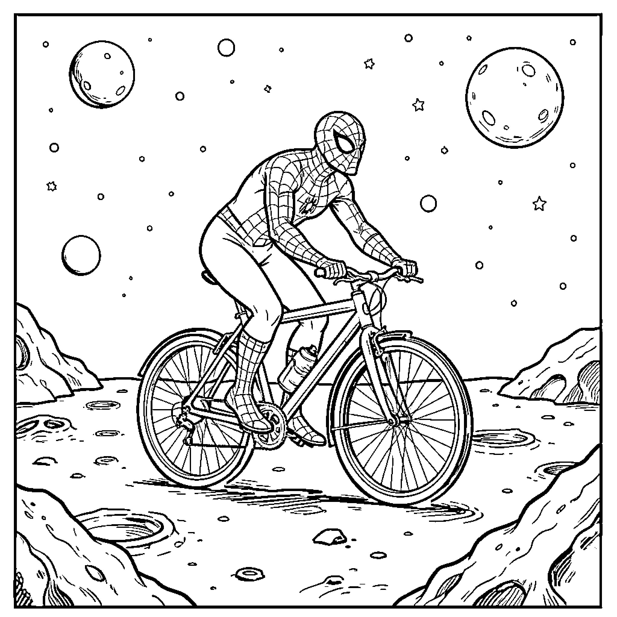 Spiderman riding a bicycle on the moon surface Coloring Page (free black-and-white line drawing printable PDF for all, from beginners to advanced learners, including children, teens, adults, and seniors)