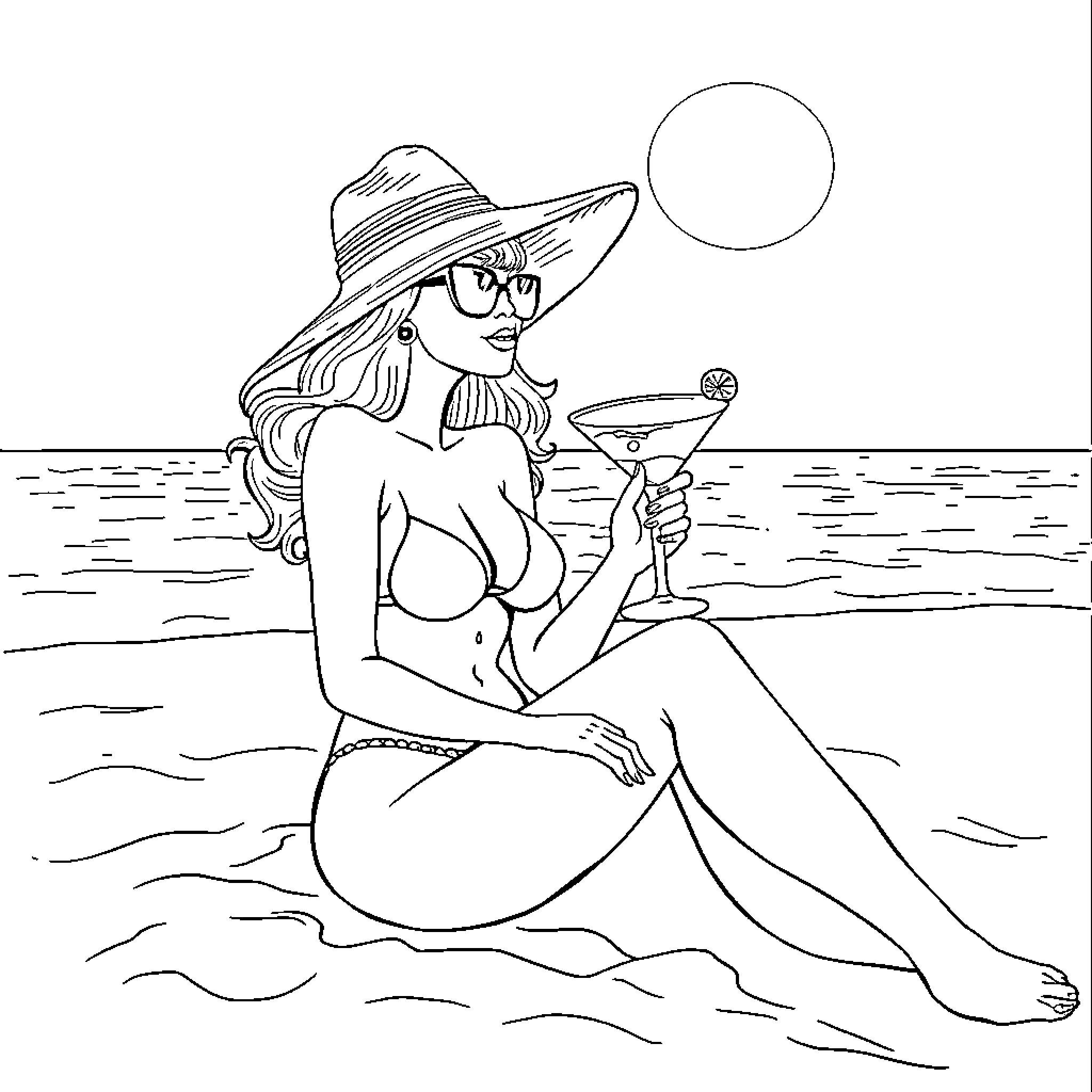 Morgana relaxing on the beach with a cocktail Coloring Page (free black-and-white line drawing printable PDF for all, from beginners to advanced learners, including children, teens, adults, and seniors)