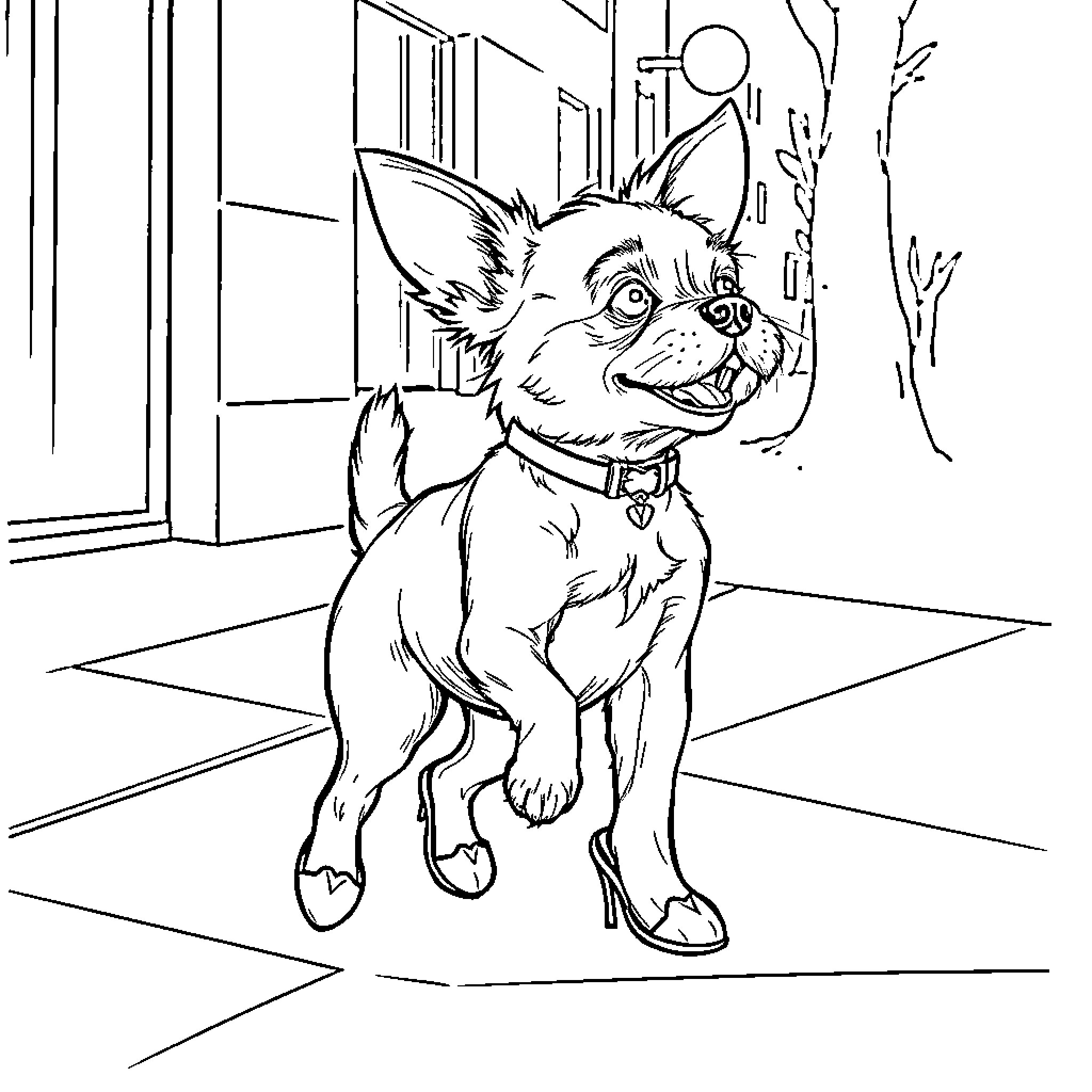 Dog happily playing outside near house Coloring Page (free black-and-white line drawing printable PDF for all, from beginners to advanced learners, including children, teens, adults, and seniors)