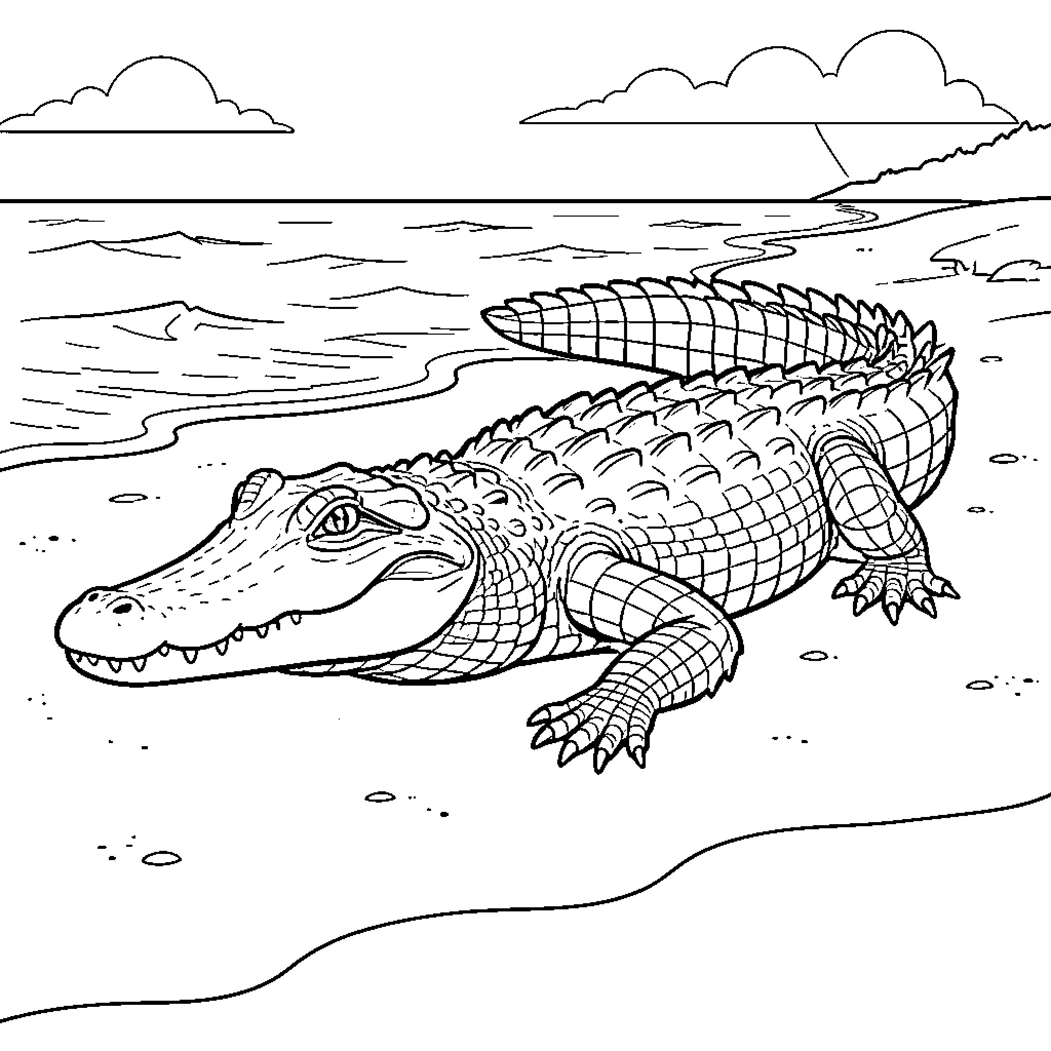 Crocodile resting on a sandy beach near waves Coloring Page (free black-and-white line drawing printable PDF for all, from beginners to advanced learners, including children, teens, adults, and seniors)