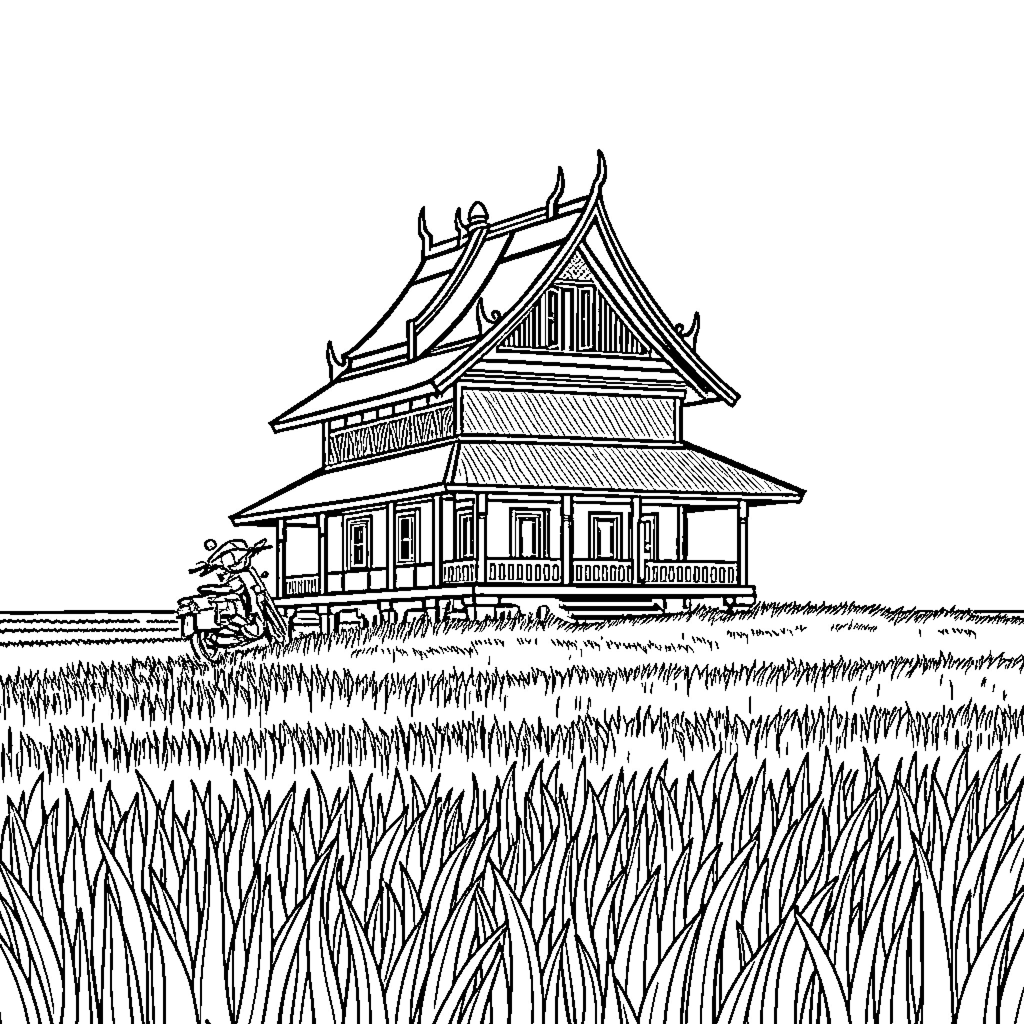 House in a rural Thai landscape Coloring Page (free black-and-white line drawing printable PDF for all, from beginners to advanced learners, including children, teens, adults, and seniors)