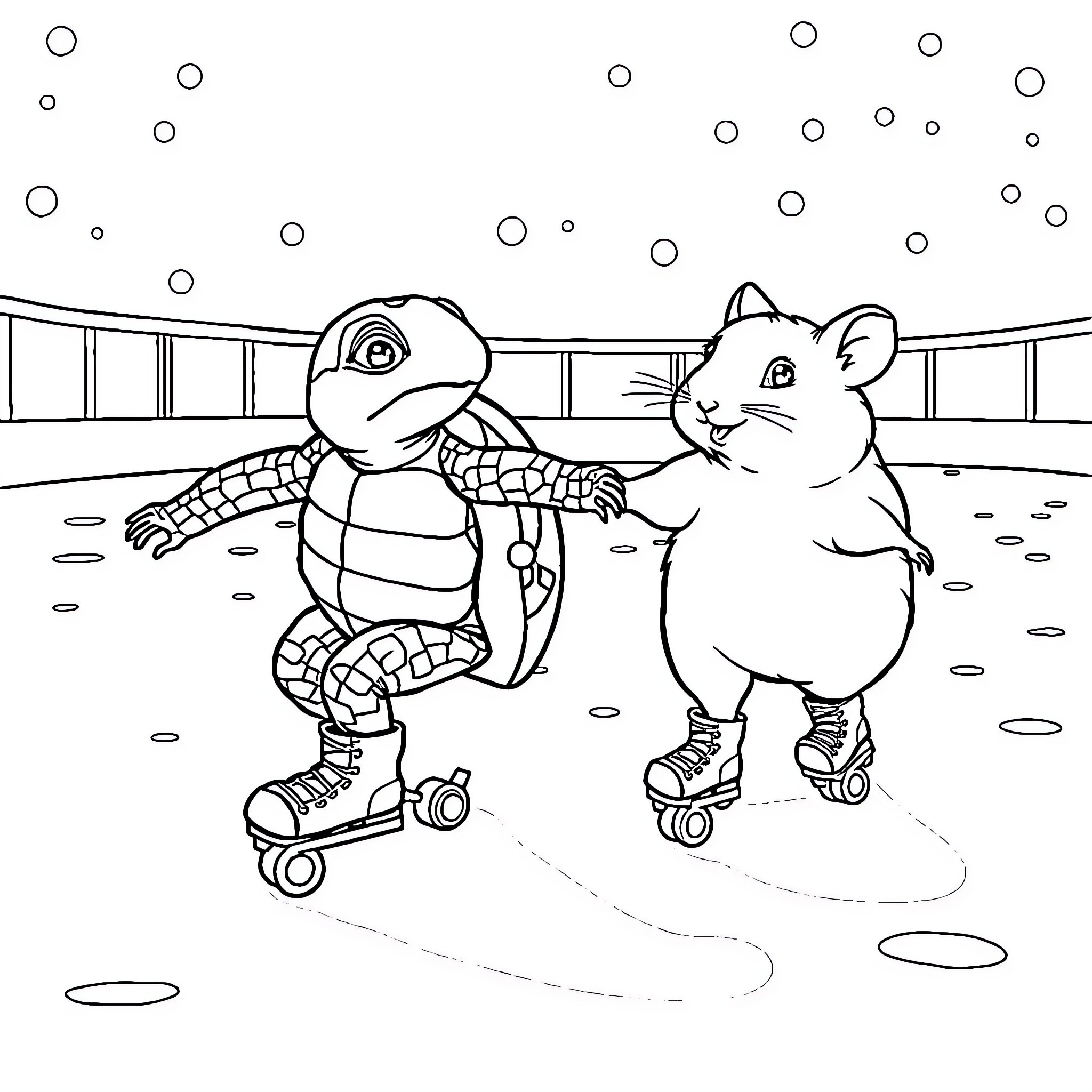 Tortoise and mouse roller skating together Coloring Page (free black-and-white line drawing printable PDF for all, from beginners to advanced learners, including children, teens, adults, and seniors)