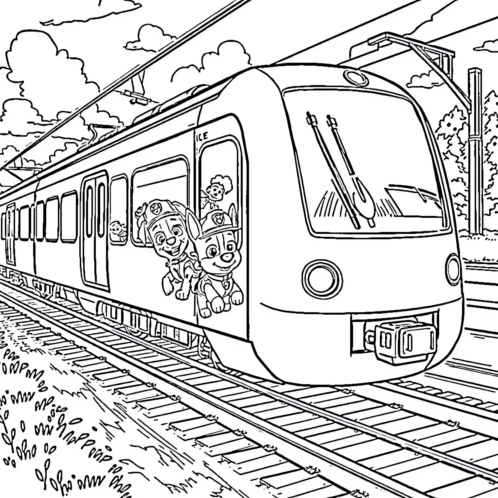 ICE Train with Cartoon Characters on the Side Coloring Page (free black-and-white line drawing printable PDF for all, from beginners to advanced learners, including children, teens, adults, and seniors)