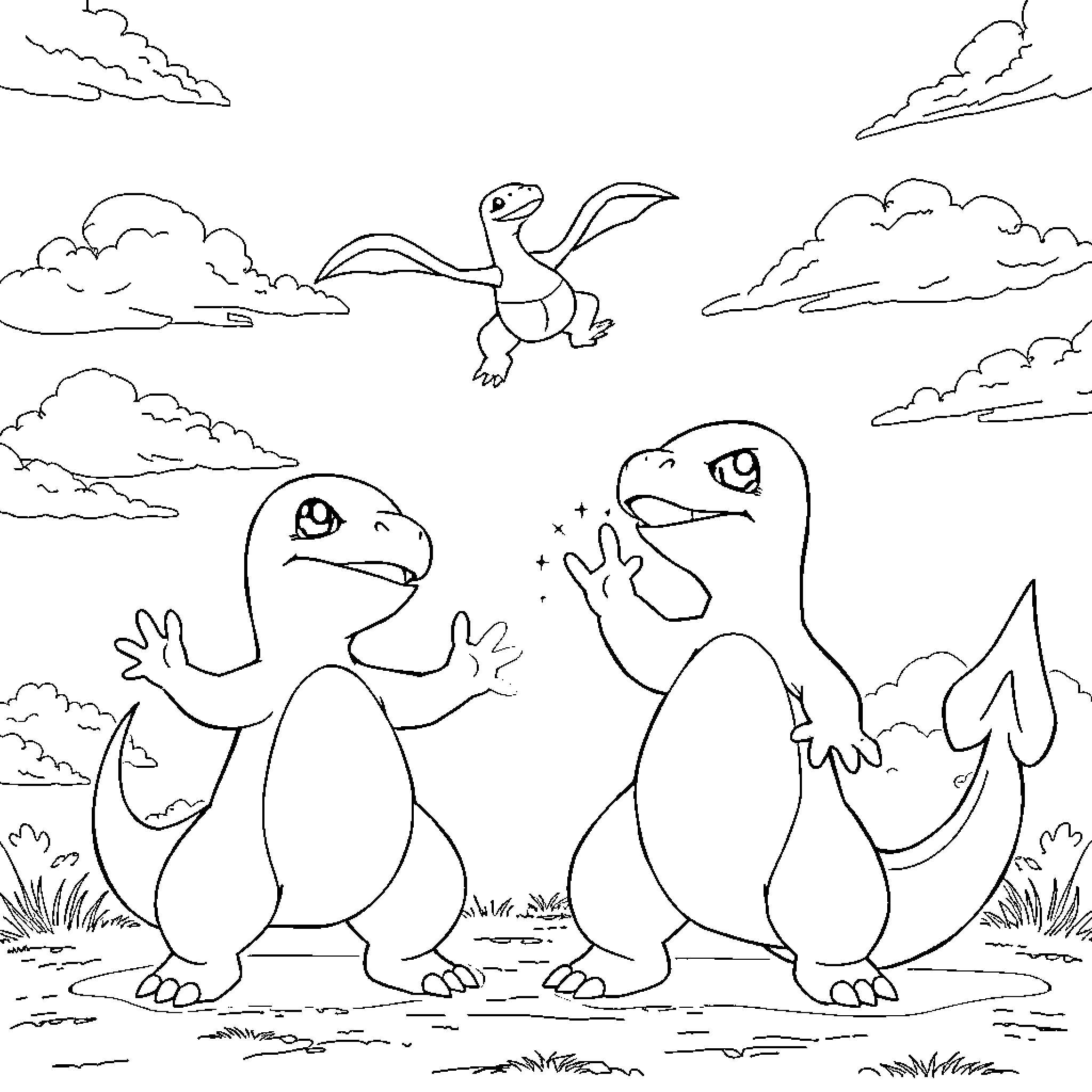 Charmander and friends enjoying a playful adventure Coloring Page (free black-and-white line drawing printable PDF for all, from beginners to advanced learners, including children, teens, adults, and seniors)