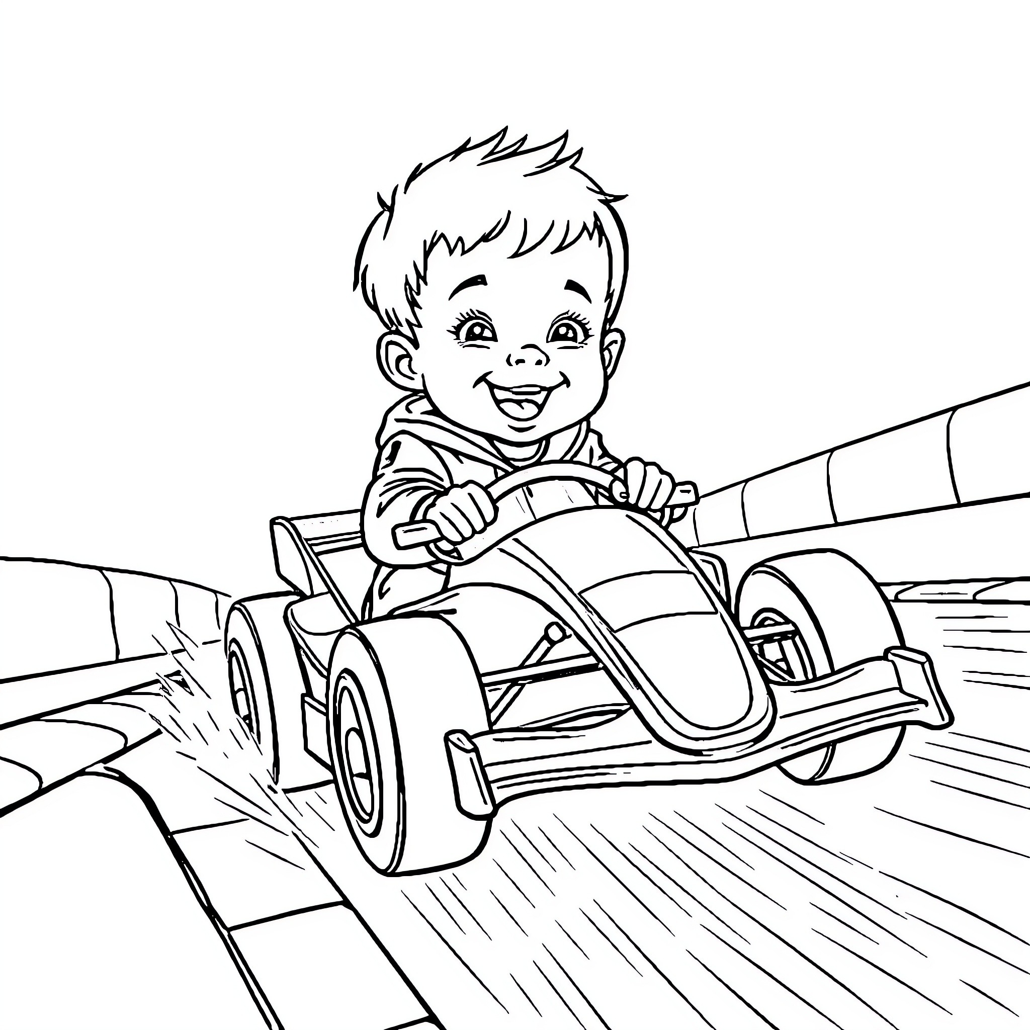 Boy racing enthusiastically in a toy car Coloring Page (free black-and-white line drawing printable PDF for all, from beginners to advanced learners, including children, teens, adults, and seniors)