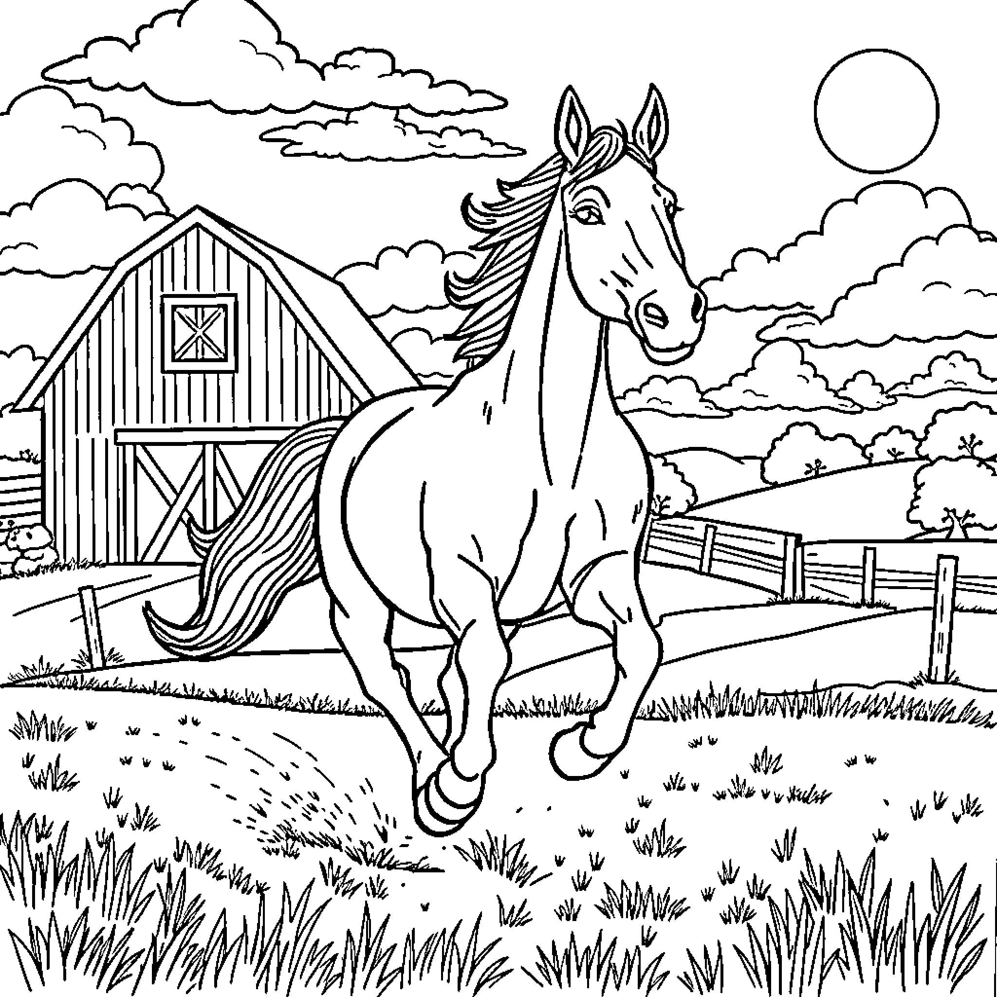 Horse galloping freely in a pastoral landscape Coloring Page (free black-and-white line drawing printable PDF for all, from beginners to advanced learners, including children, teens, adults, and seniors)