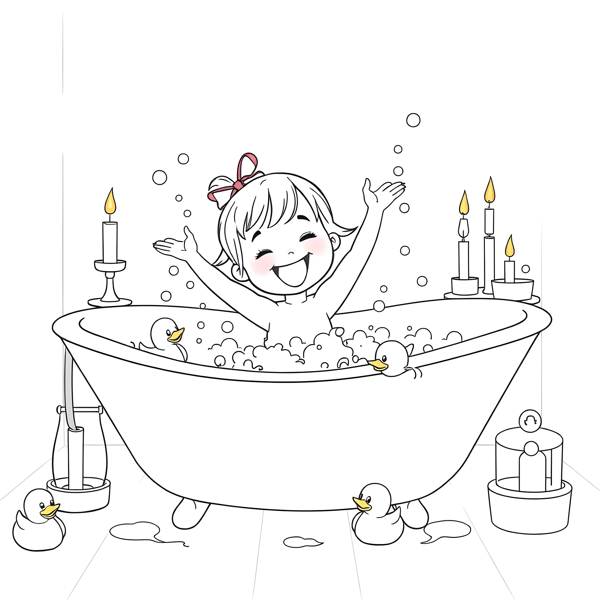 Girl happily playing in bubble bath Coloring Page (free black-and-white line drawing printable PDF for all, from beginners to advanced learners, including children, teens, adults, and seniors)