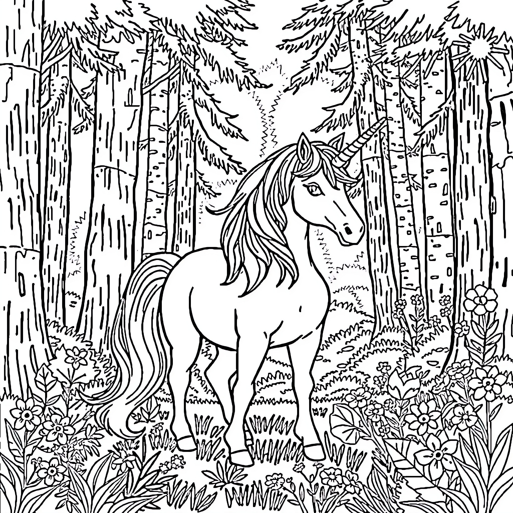 Unicorn in the enchanted forest Coloring Page (free black-and-white line drawing printable PDF for all, from beginners to advanced learners, including children, teens, adults, and seniors)