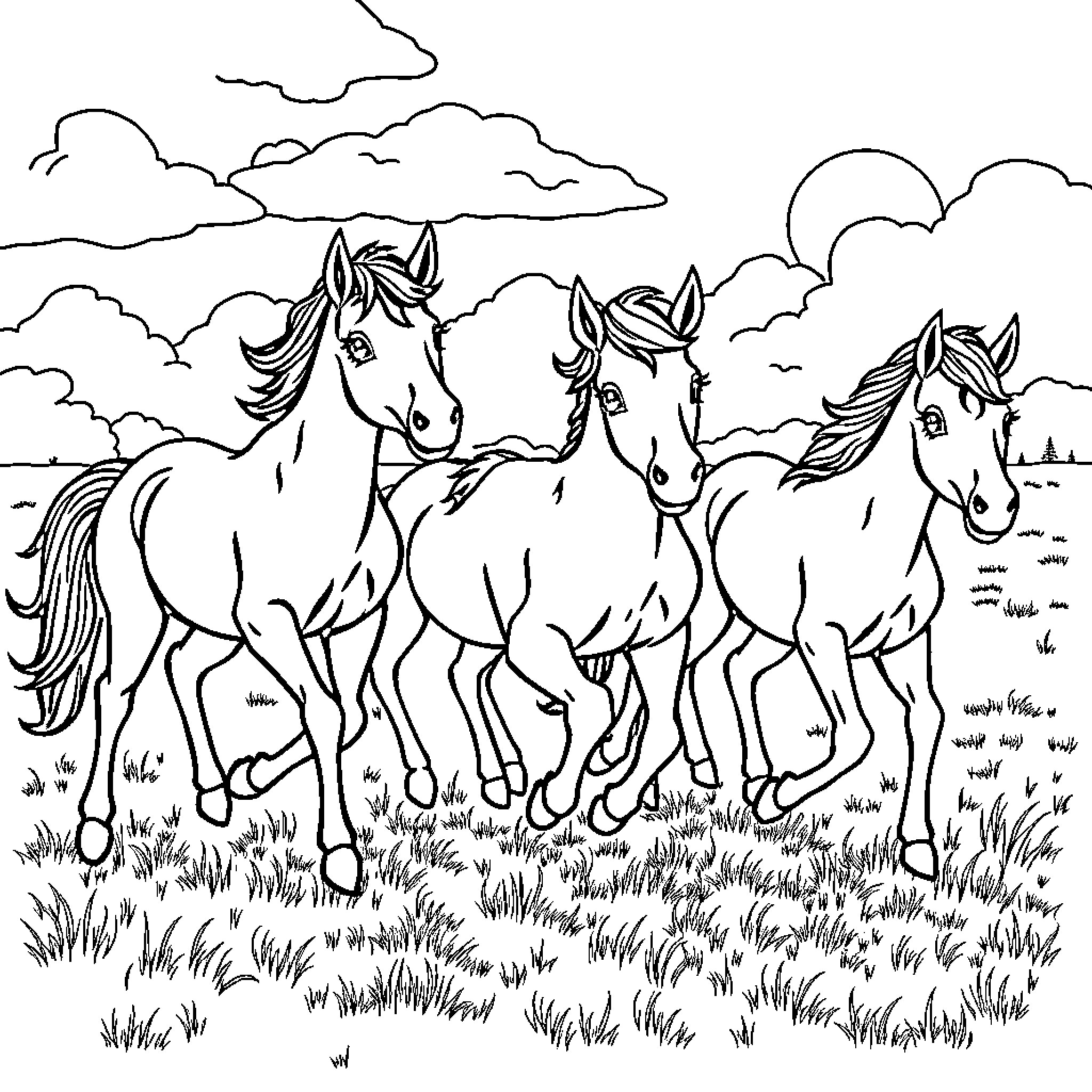 Horse Herd Galloping Freely in the Countryside Coloring Page (free black-and-white line drawing printable PDF for all, from beginners to advanced learners, including children, teens, adults, and seniors)