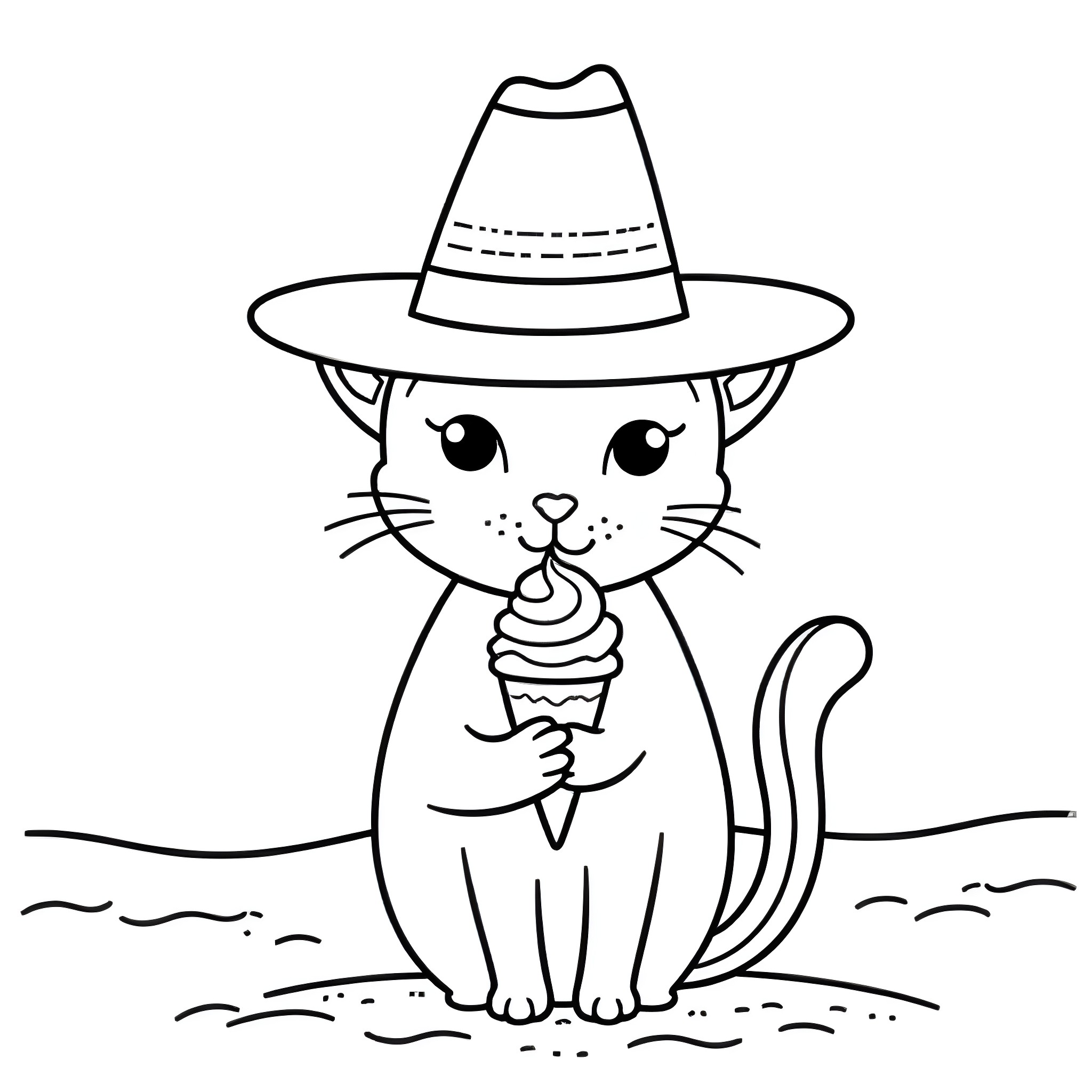 Cat in the Hat enjoying an ice cream cone on the beach Coloring Page (free black-and-white line drawing printable PDF for all, from beginners to advanced learners, including children, teens, adults, and seniors)