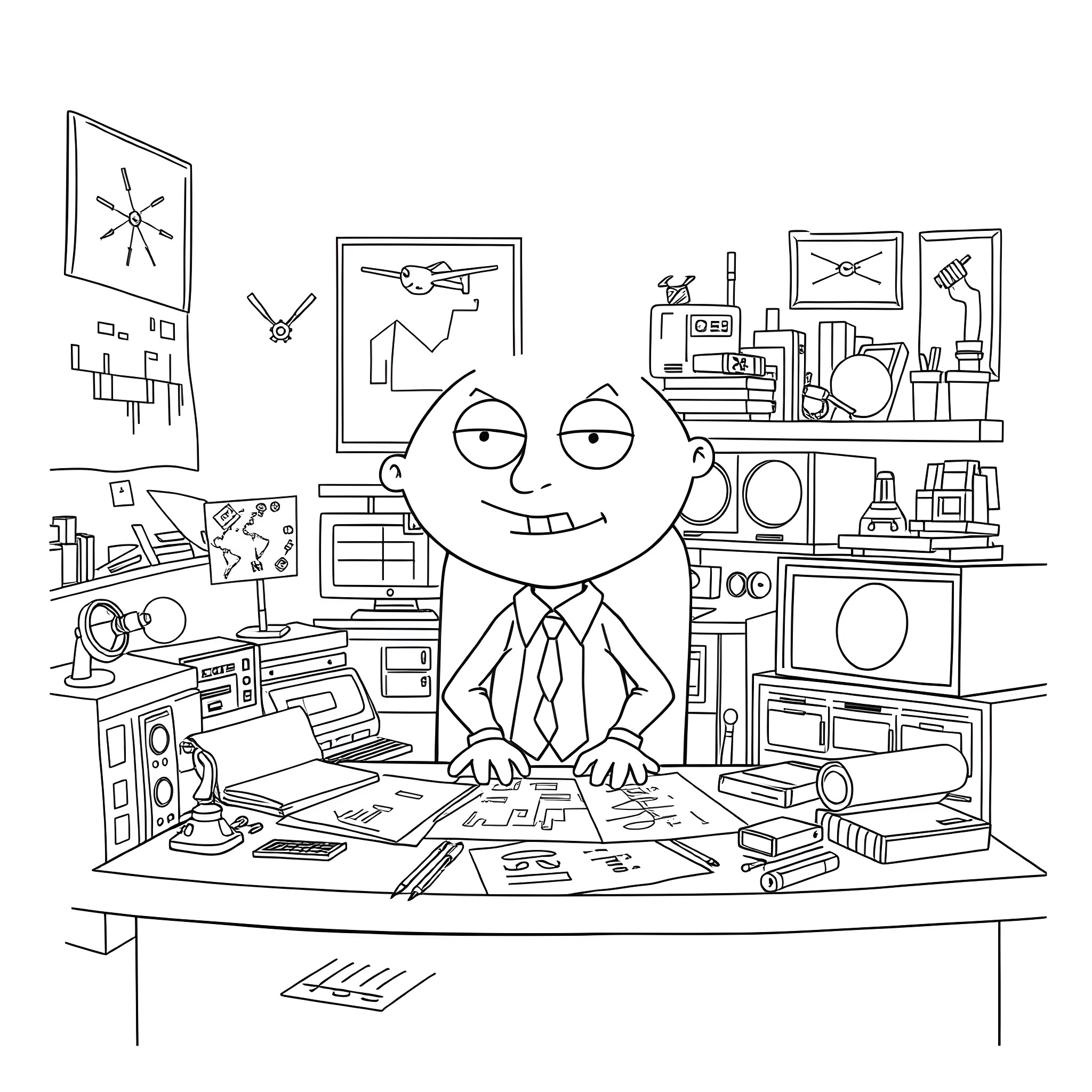 Stewie's Busy Workstation Coloring Page (free black-and-white line drawing printable PDF for all, from beginners to advanced learners, including children, teens, adults, and seniors)