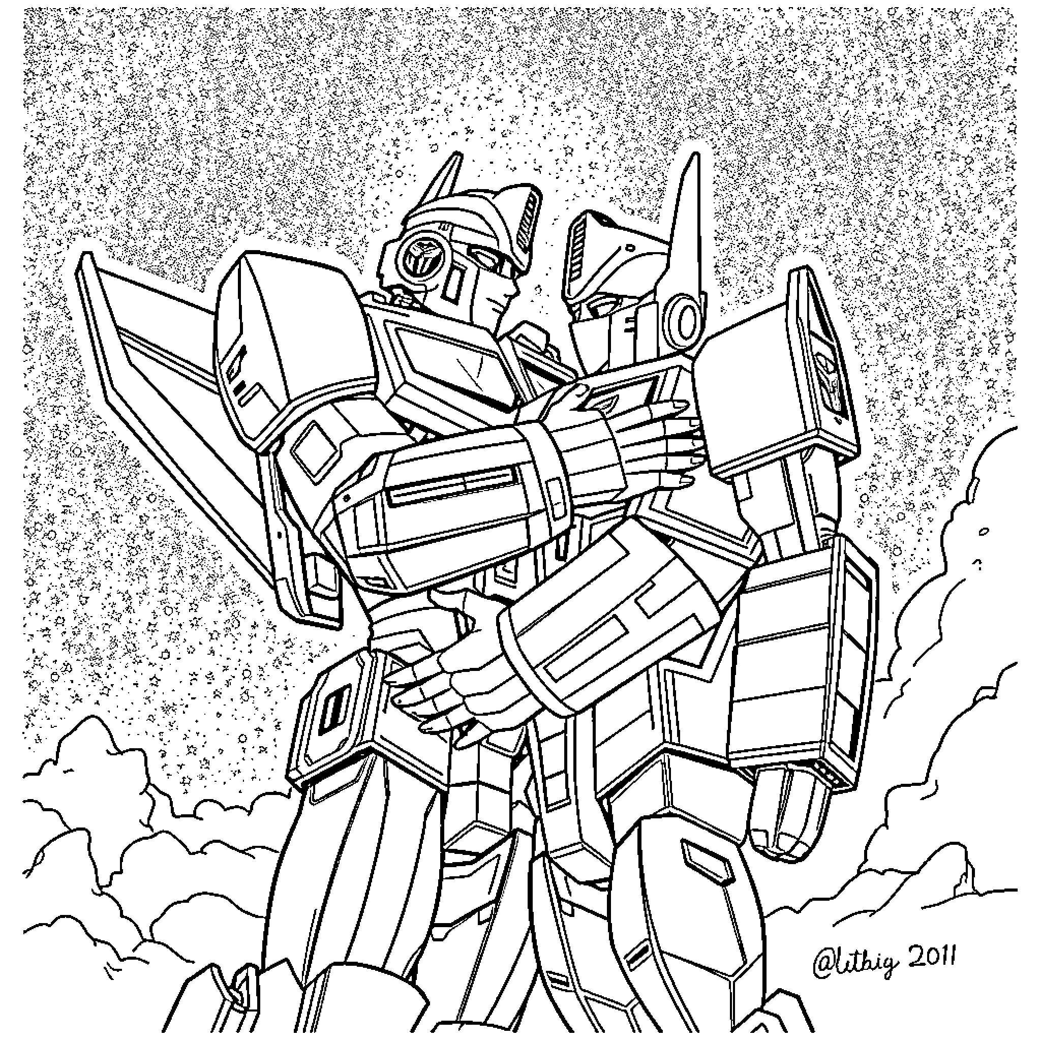 Transformers: Epic Robot Showdown in the Sky Coloring Page (free black-and-white line drawing printable PDF for all, from beginners to advanced learners, including children, teens, adults, and seniors)
