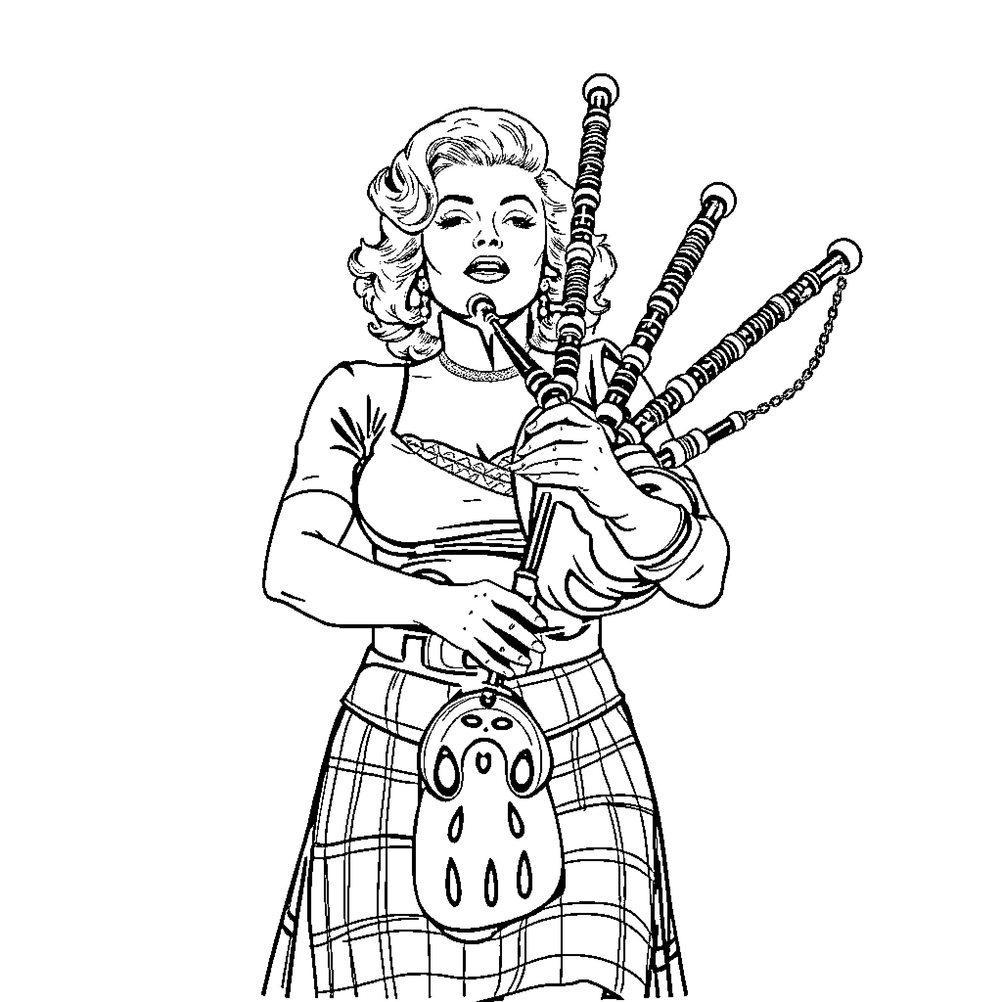Marilyn Monroe playing the bagpipes with determination Coloring Page (free black-and-white line drawing printable PDF for all, from beginners to advanced learners, including children, teens, adults, and seniors)