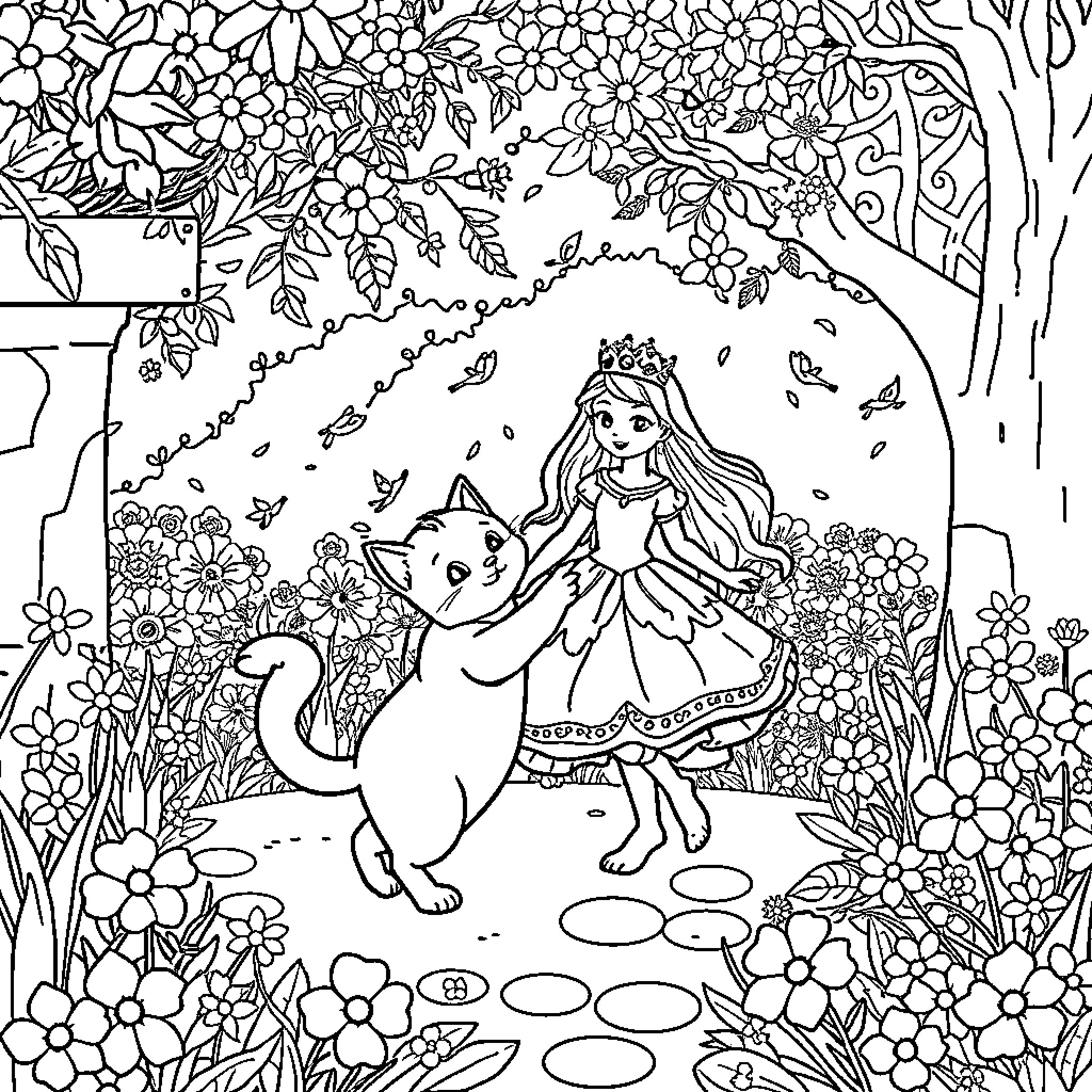 Kitten and Princess in Floral Garden Coloring Page (free black-and-white line drawing printable PDF for all, from beginners to advanced learners, including children, teens, adults, and seniors)
