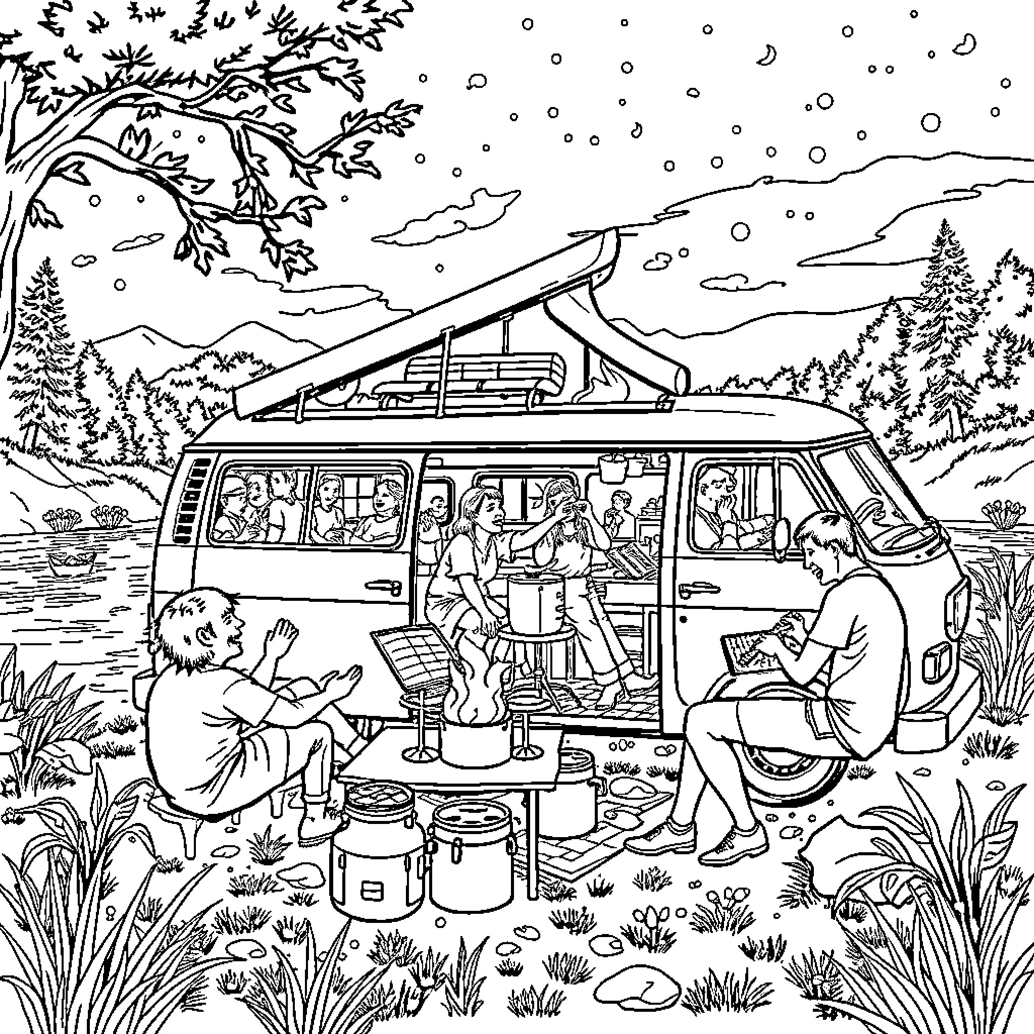 Van Full of People Enjoying Nature in Snowy Landscape Coloring Page (free black-and-white line drawing printable PDF for all, from beginners to advanced learners, including children, teens, adults, and seniors)