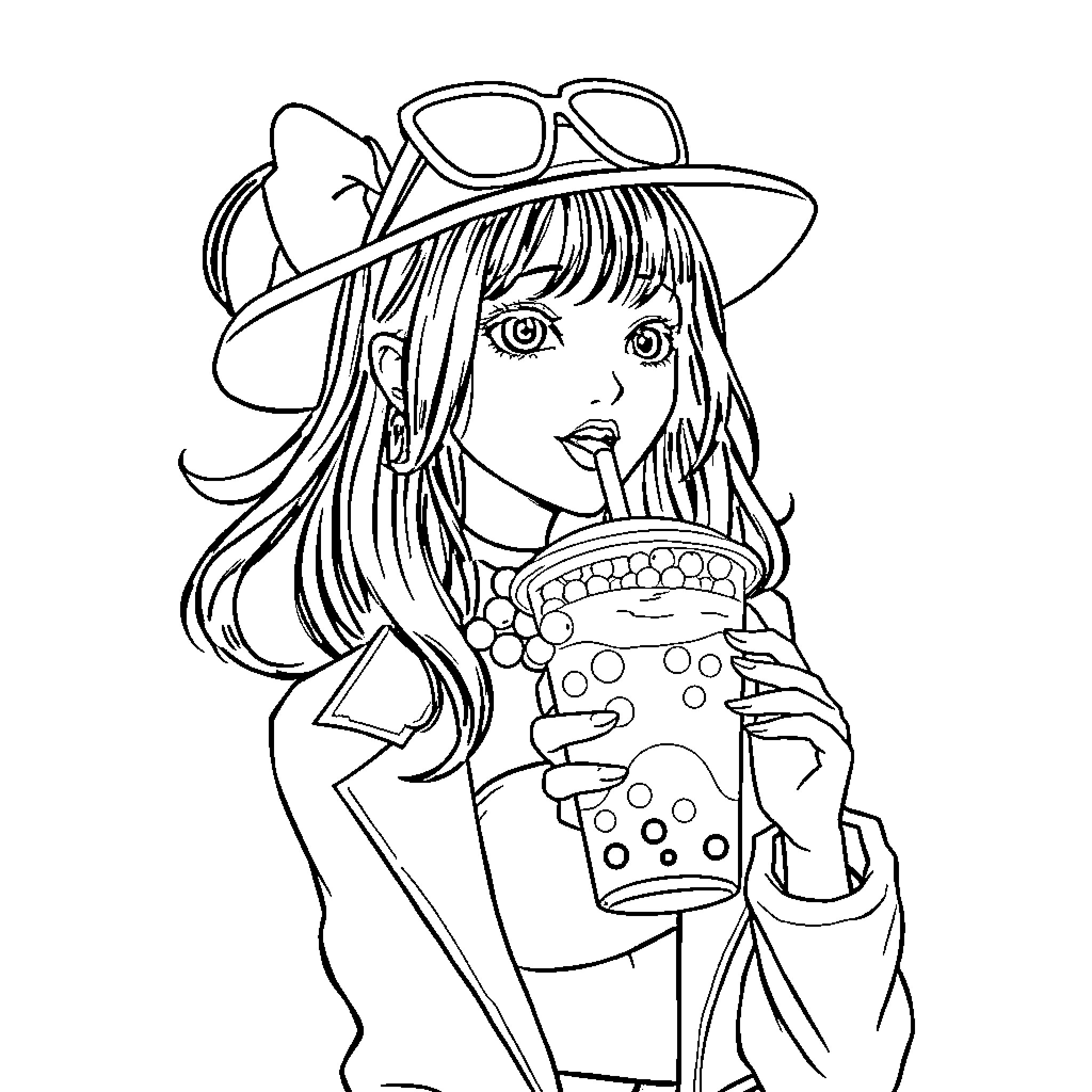 Mira enjoying a cool drink on a summer day Coloring Page (free black-and-white line drawing printable PDF for all, from beginners to advanced learners, including children, teens, adults, and seniors)
