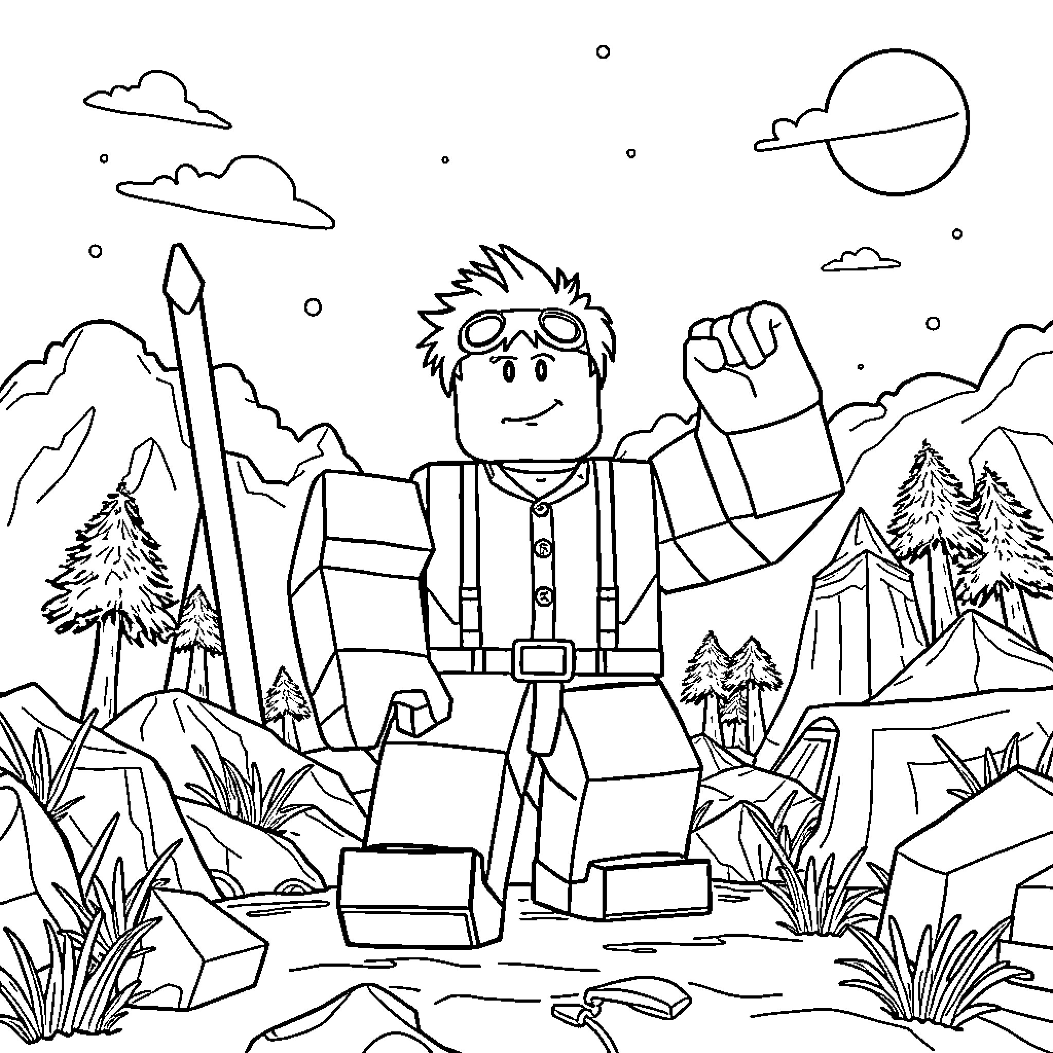 Roblox character exploring the wilderness Coloring Page (free black-and-white line drawing printable PDF for all, from beginners to advanced learners, including children, teens, adults, and seniors)