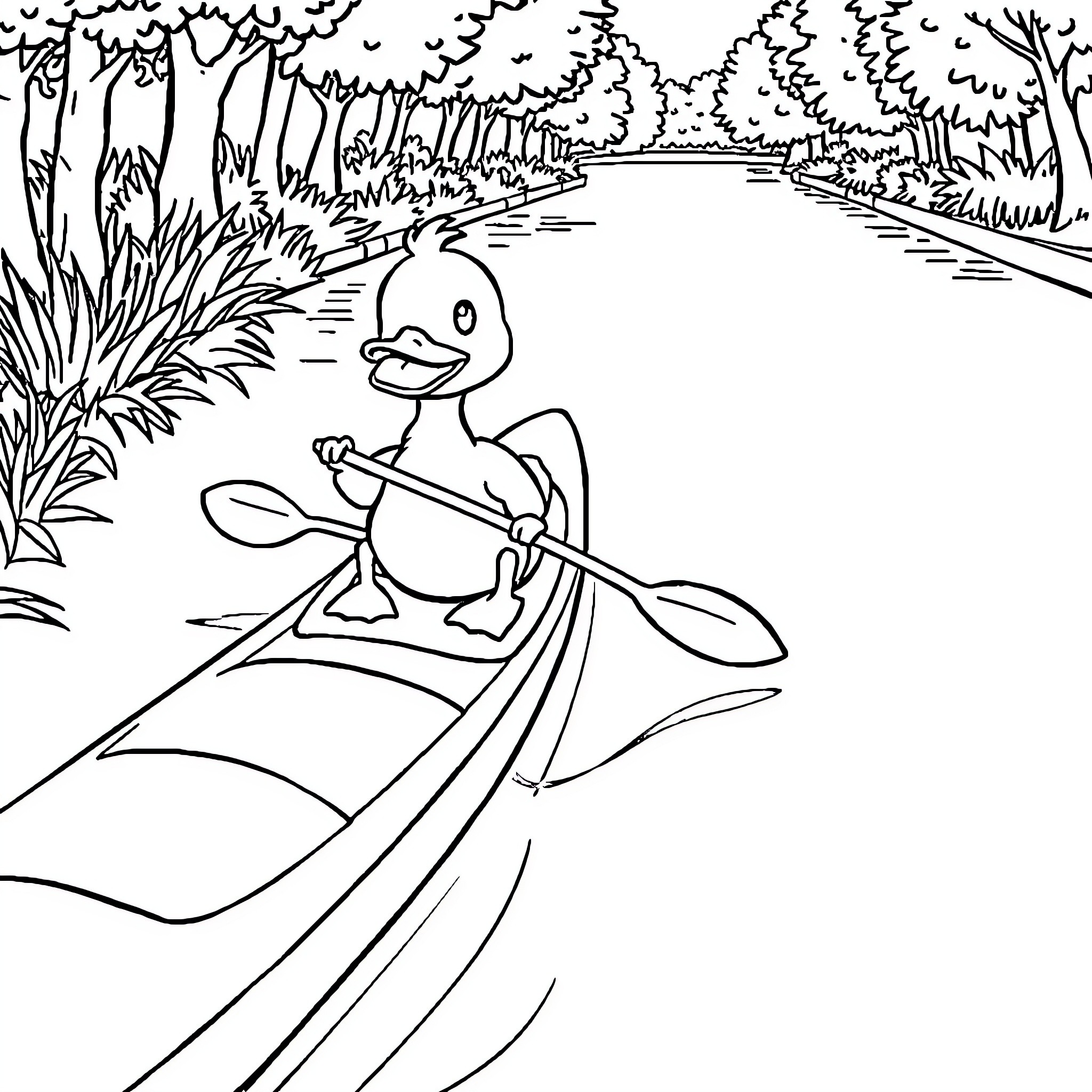 Duck paddling peacefully down a forest stream Coloring Page (free black-and-white line drawing printable PDF for all, from beginners to advanced learners, including children, teens, adults, and seniors)