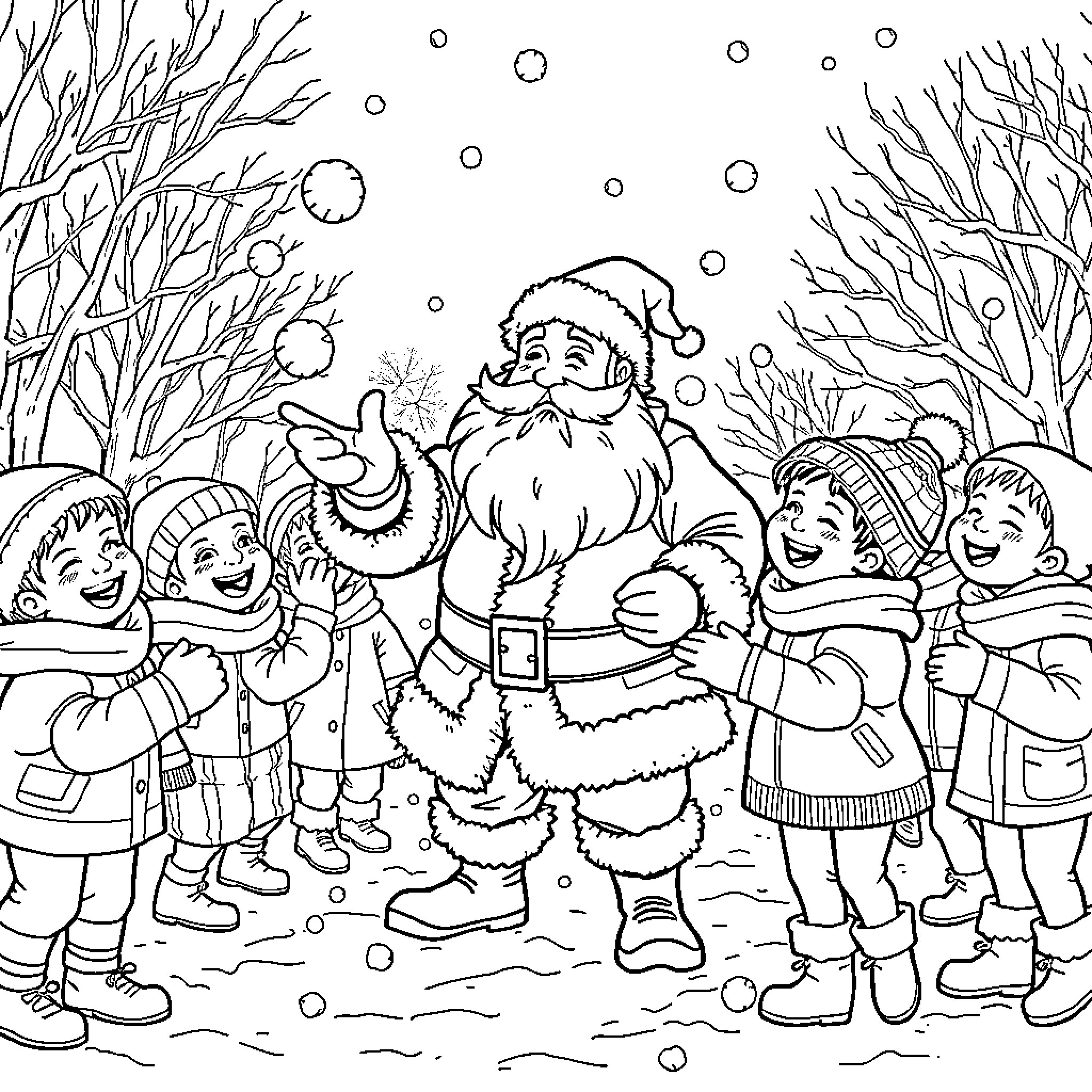 Father Christmas spreading cheer with children in the snow Coloring Page (free black-and-white line drawing printable PDF for all, from beginners to advanced learners, including children, teens, adults, and seniors)