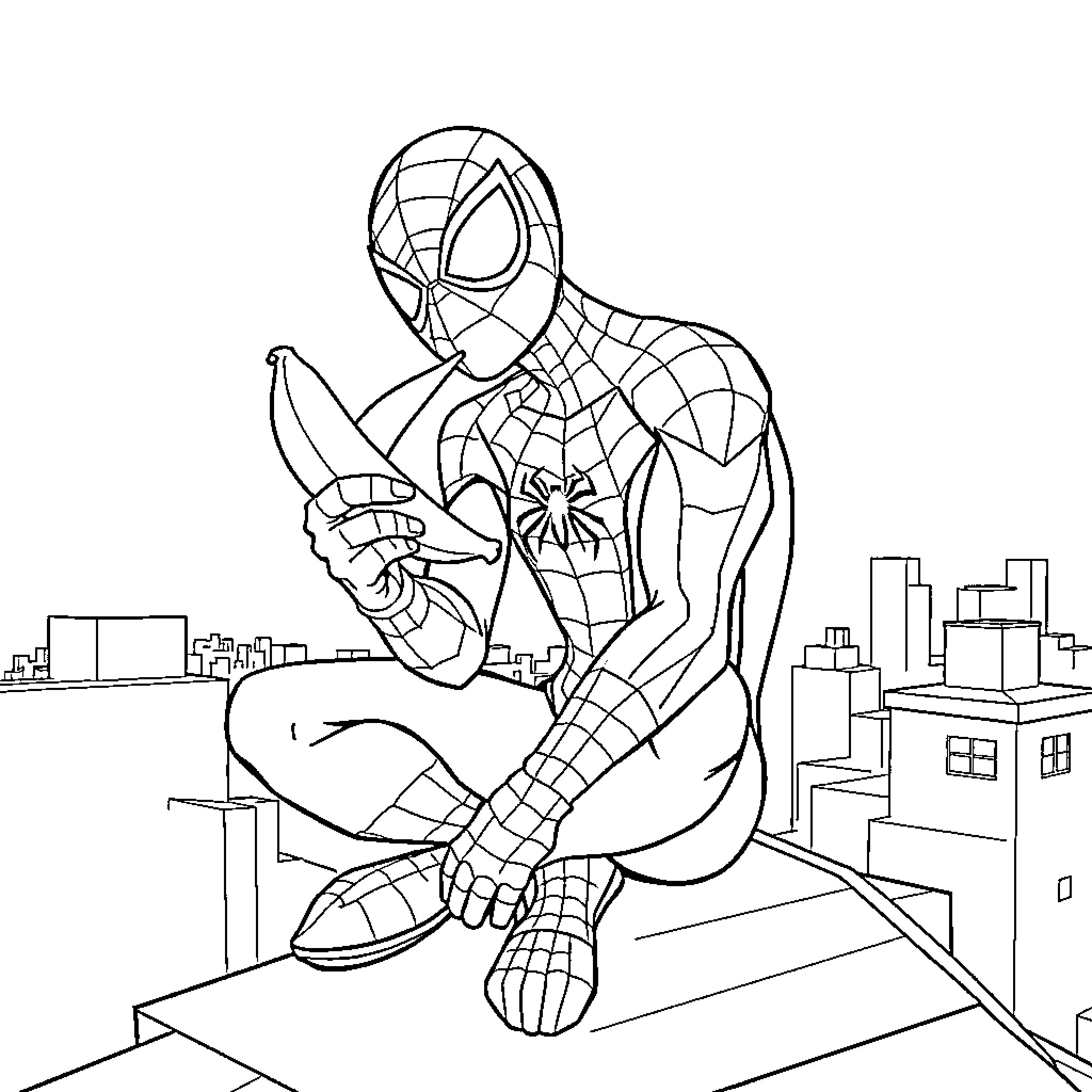 Spiderman climbing skyscrapers in the city Coloring Page (free black-and-white line drawing printable PDF for all, from beginners to advanced learners, including children, teens, adults, and seniors)