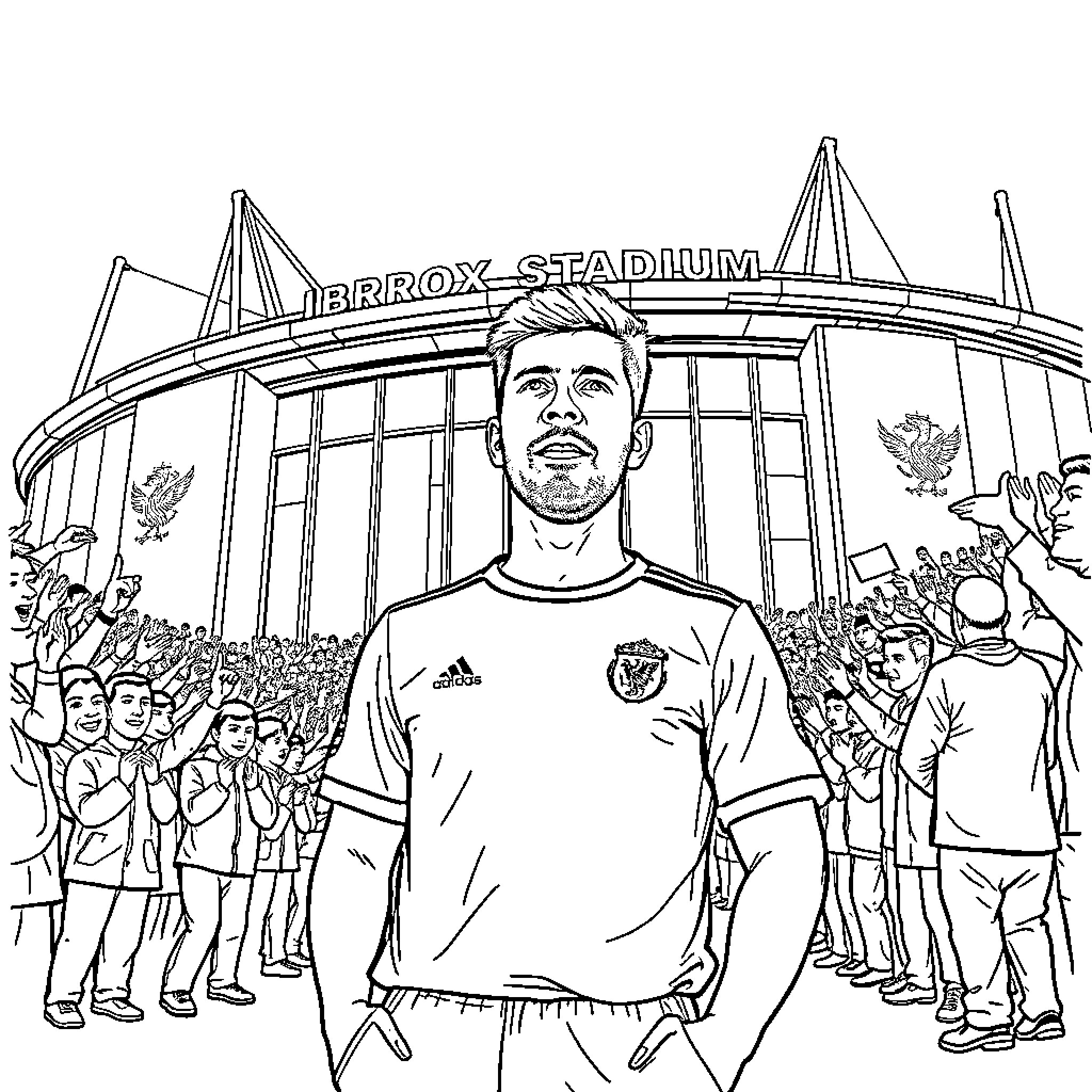 Steven Gerrard leading his team onto the field Coloring Page (free black-and-white line drawing printable PDF for all, from beginners to advanced learners, including children, teens, adults, and seniors)