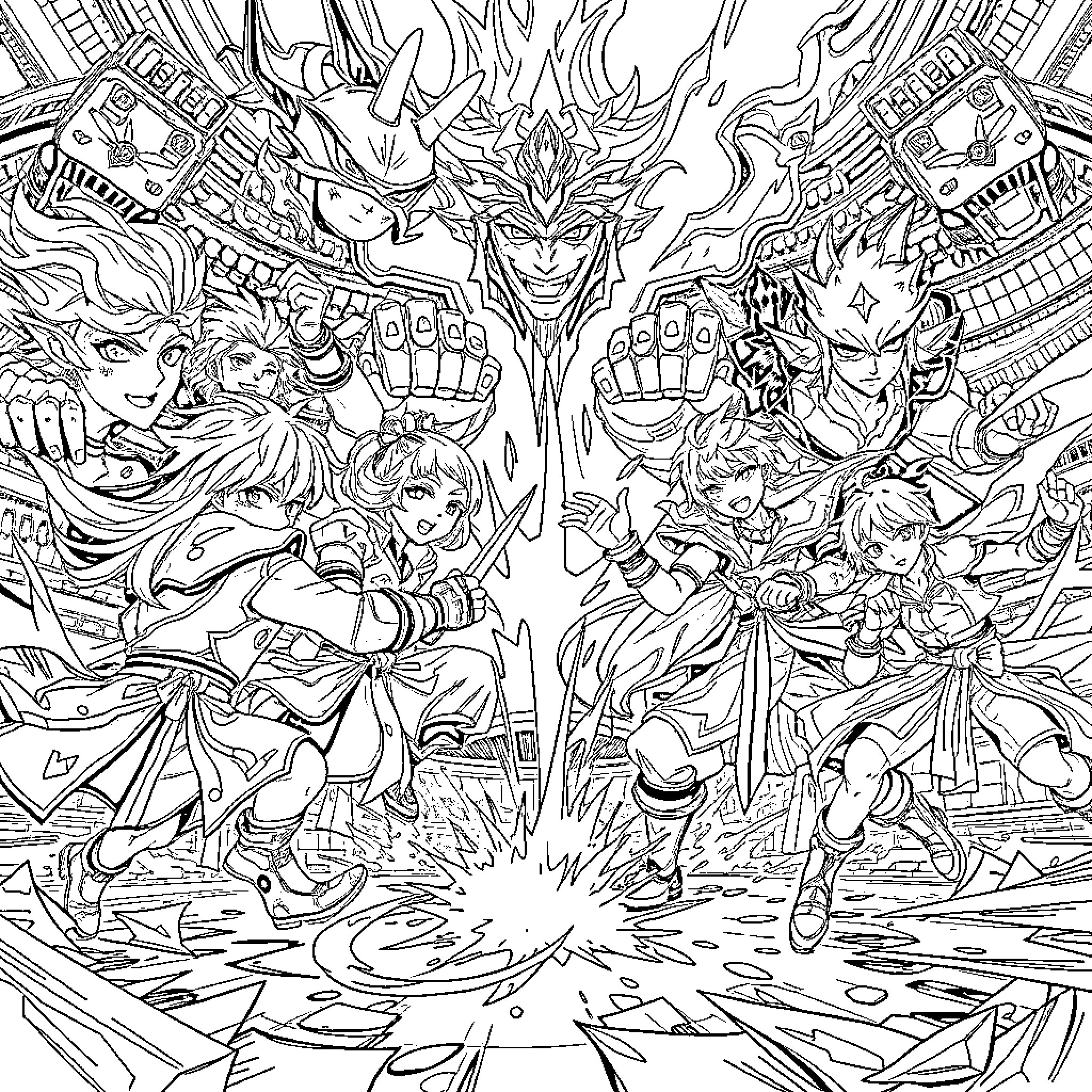 Genshin Impact: Vibrant Characters in Epic Battle Scene Coloring Page (free black-and-white line drawing printable PDF for all, from beginners to advanced learners, including children, teens, adults, and seniors)