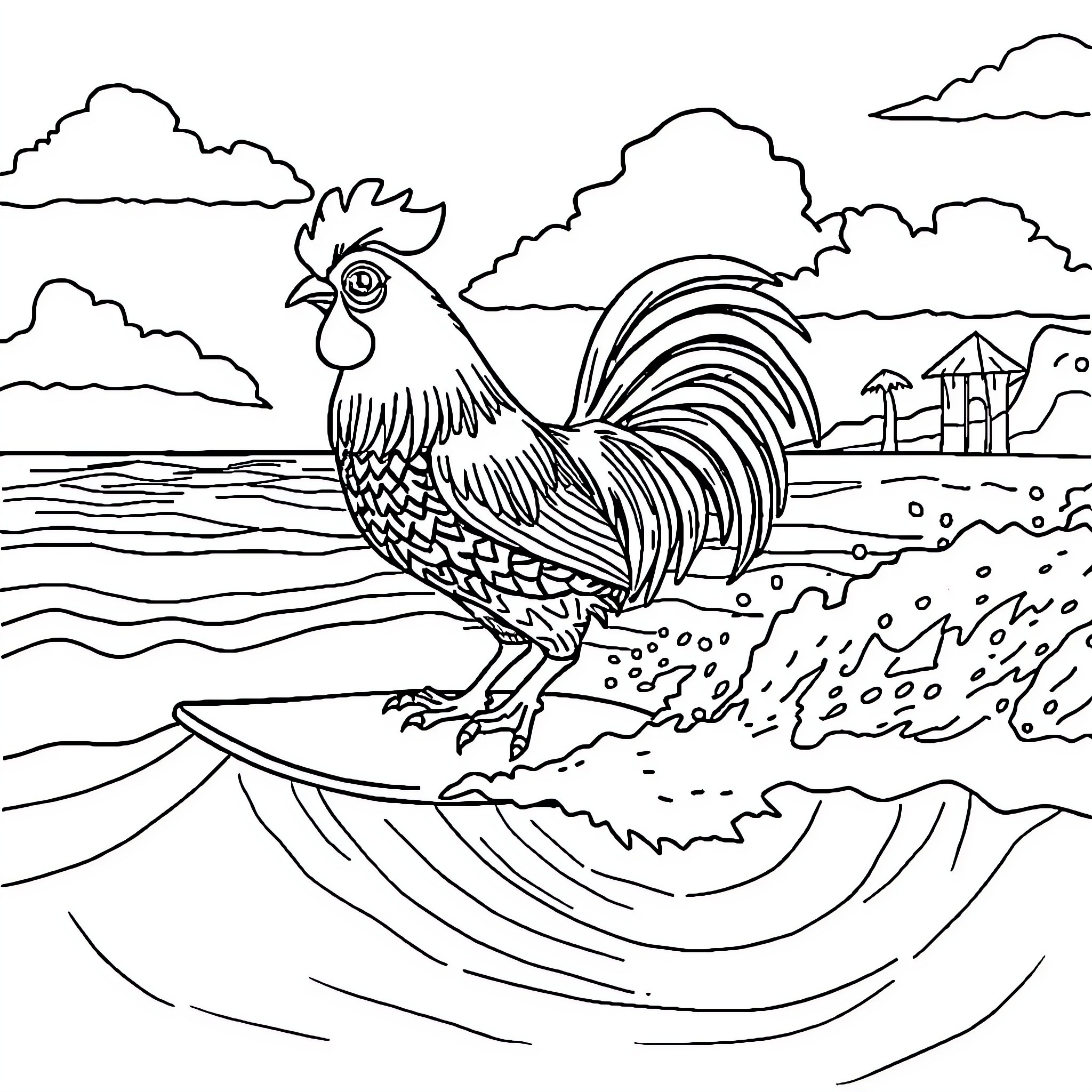 Rooster strutting proudly in a coastal landscape Coloring Page (free black-and-white line drawing printable PDF for all, from beginners to advanced learners, including children, teens, adults, and seniors)