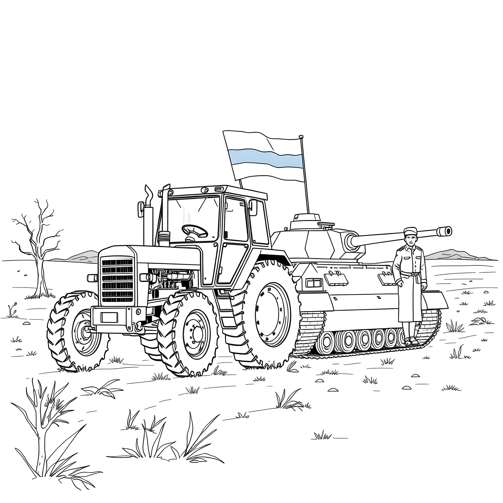 Tank with Soldier in a Desert Landscape Coloring Page (free black-and-white line drawing printable PDF for all, from beginners to advanced learners, including children, teens, adults, and seniors)