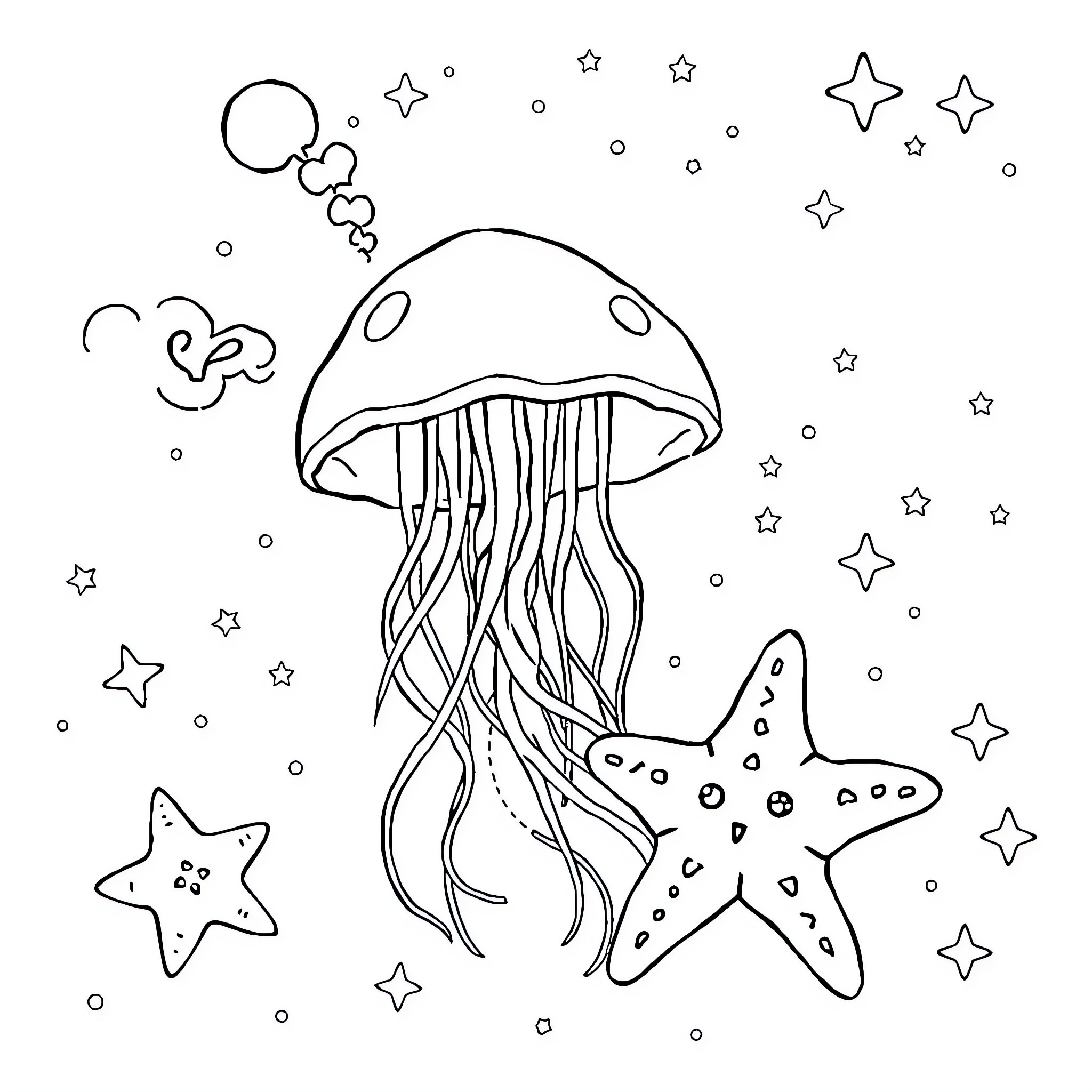 Jellyfish swimming among starfish and bubbles Coloring Page (free black-and-white line drawing printable PDF for all, from beginners to advanced learners, including children, teens, adults, and seniors)
