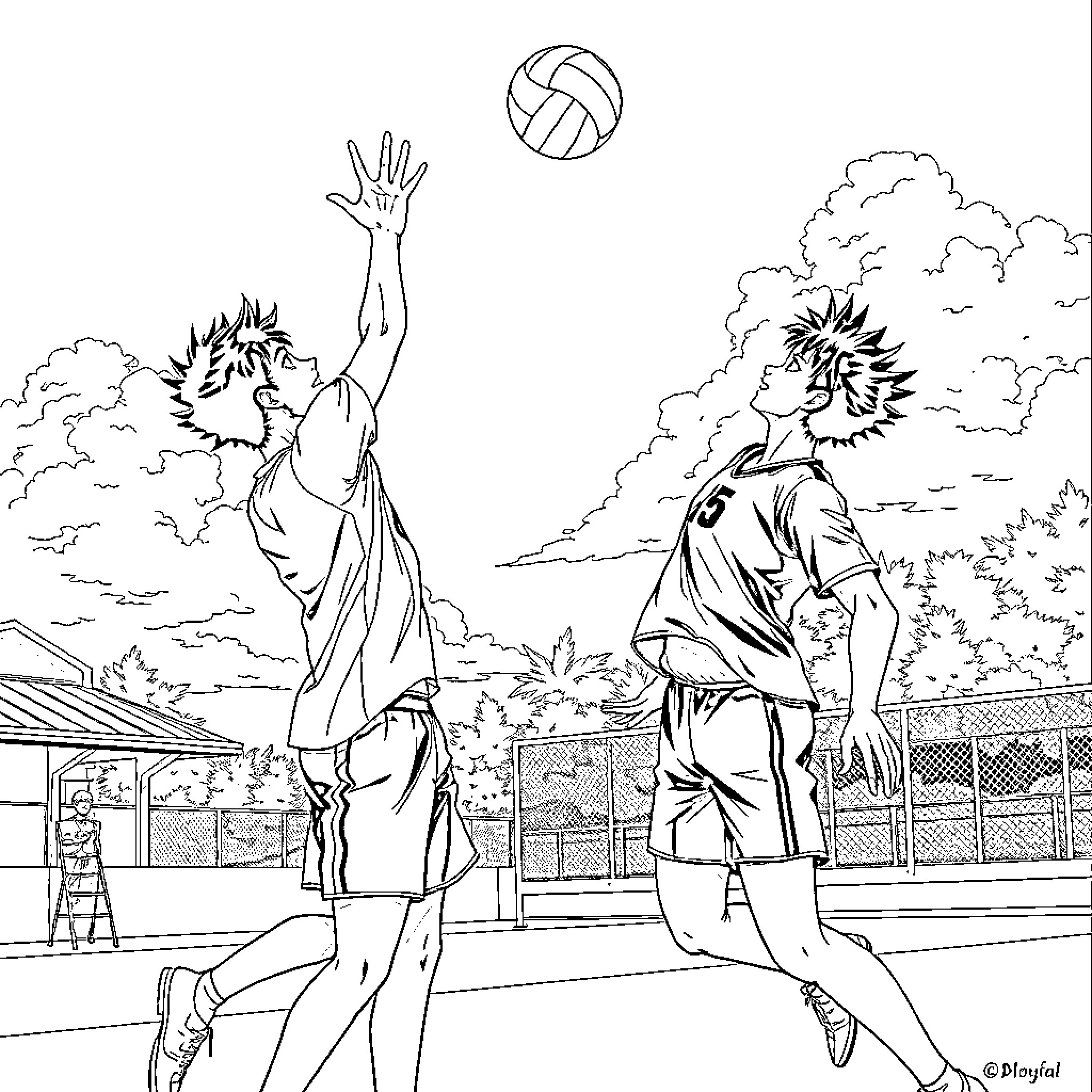 Tanjiro Kamado Engaged in Volleyball Match Coloring Page (free black-and-white line drawing printable PDF for all, from beginners to advanced learners, including children, teens, adults, and seniors)