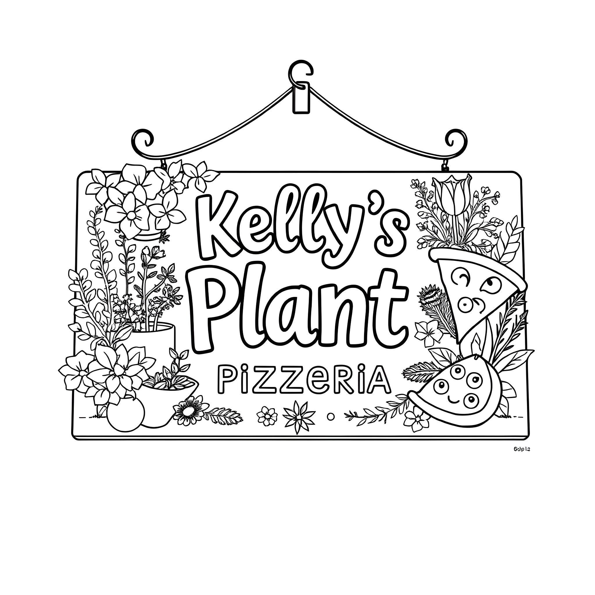 Pizza Parlor with Floral Decor and Playful Imagery Coloring Page (free black-and-white line drawing printable PDF for all, from beginners to advanced learners, including children, teens, adults, and seniors)