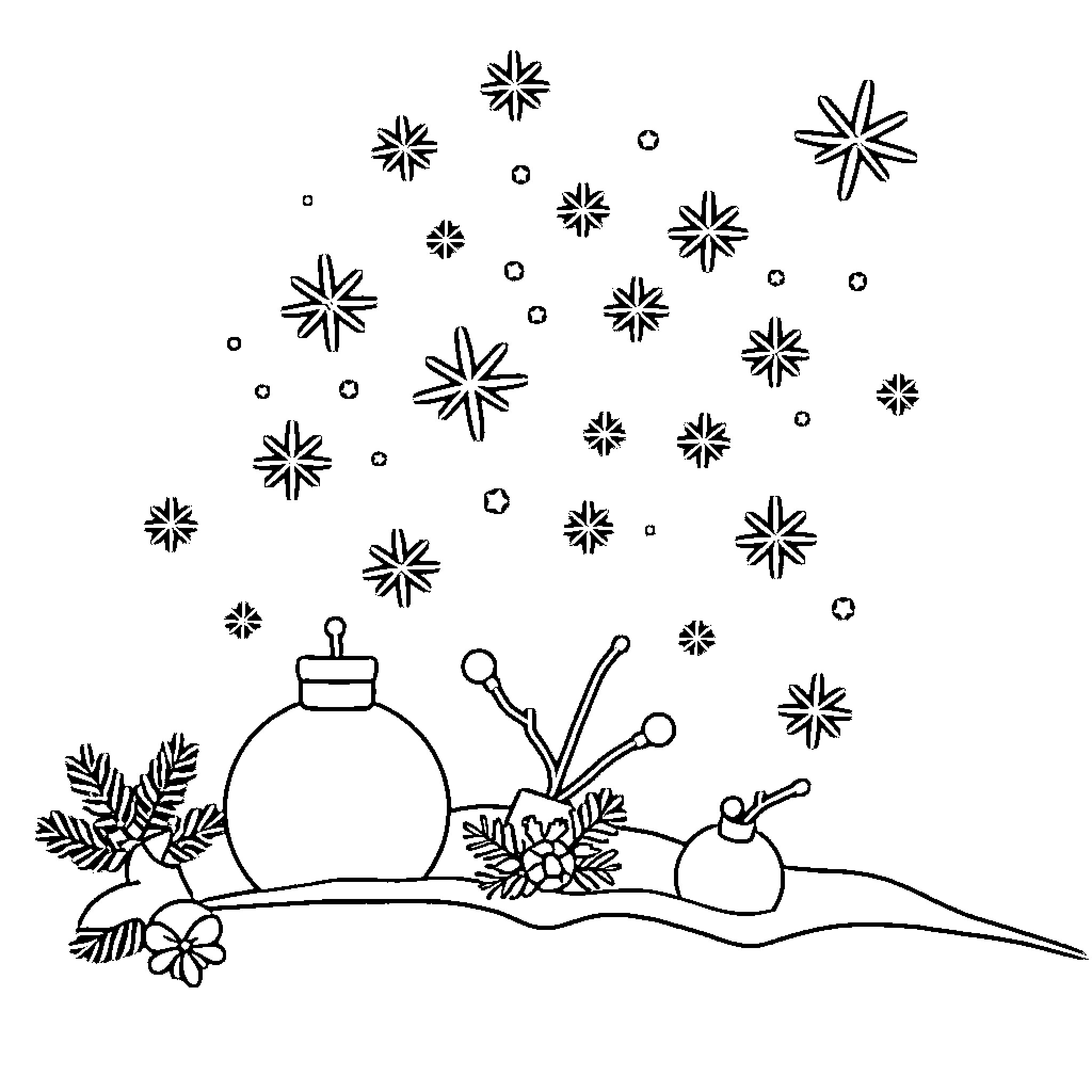Christmas Decorations and Snowflakes in Winter Scene Coloring Page (free black-and-white line drawing printable PDF for all, from beginners to advanced learners, including children, teens, adults, and seniors)