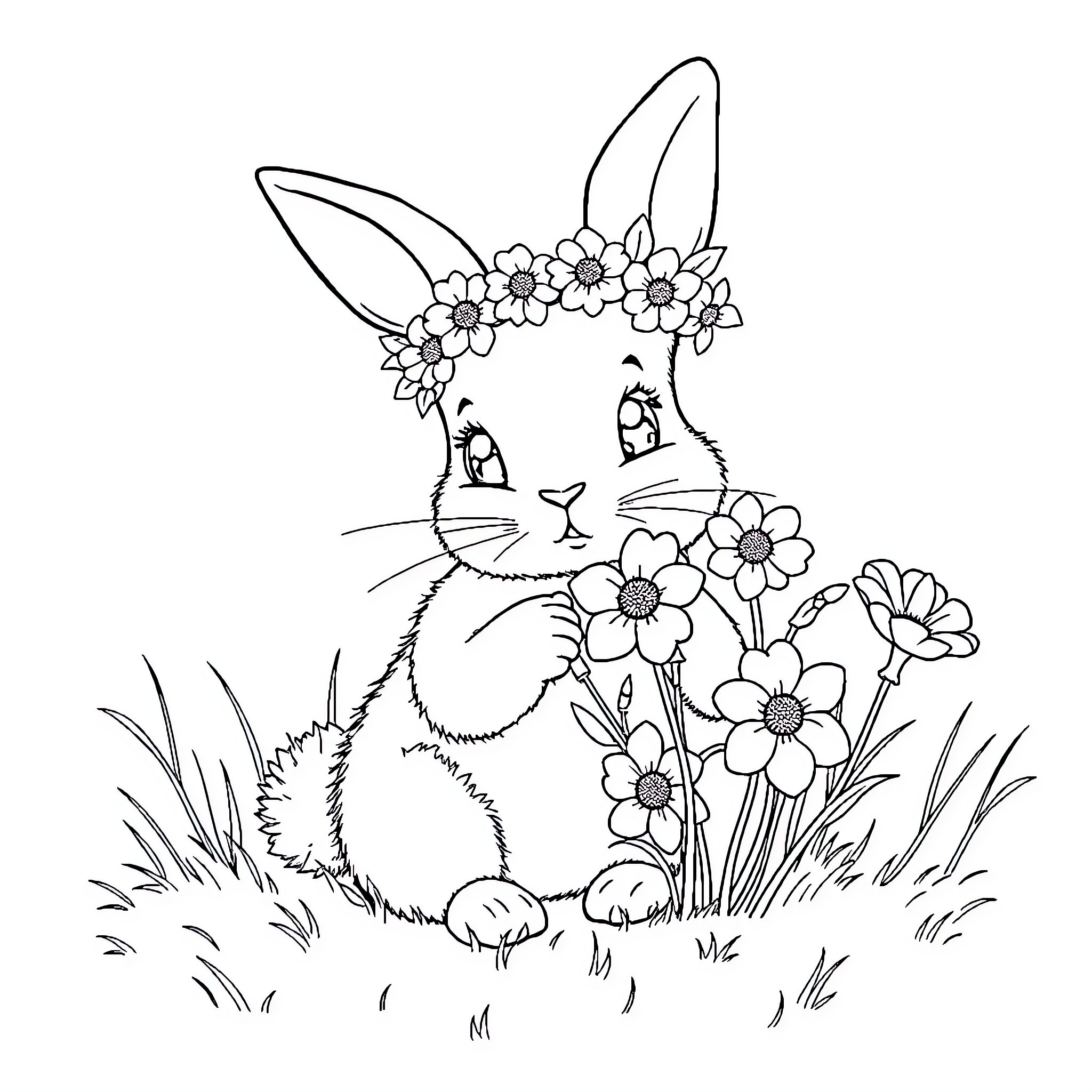 Bunny adorned with flowers in a floral field Coloring Page (free black-and-white line drawing printable PDF for all, from beginners to advanced learners, including children, teens, adults, and seniors)