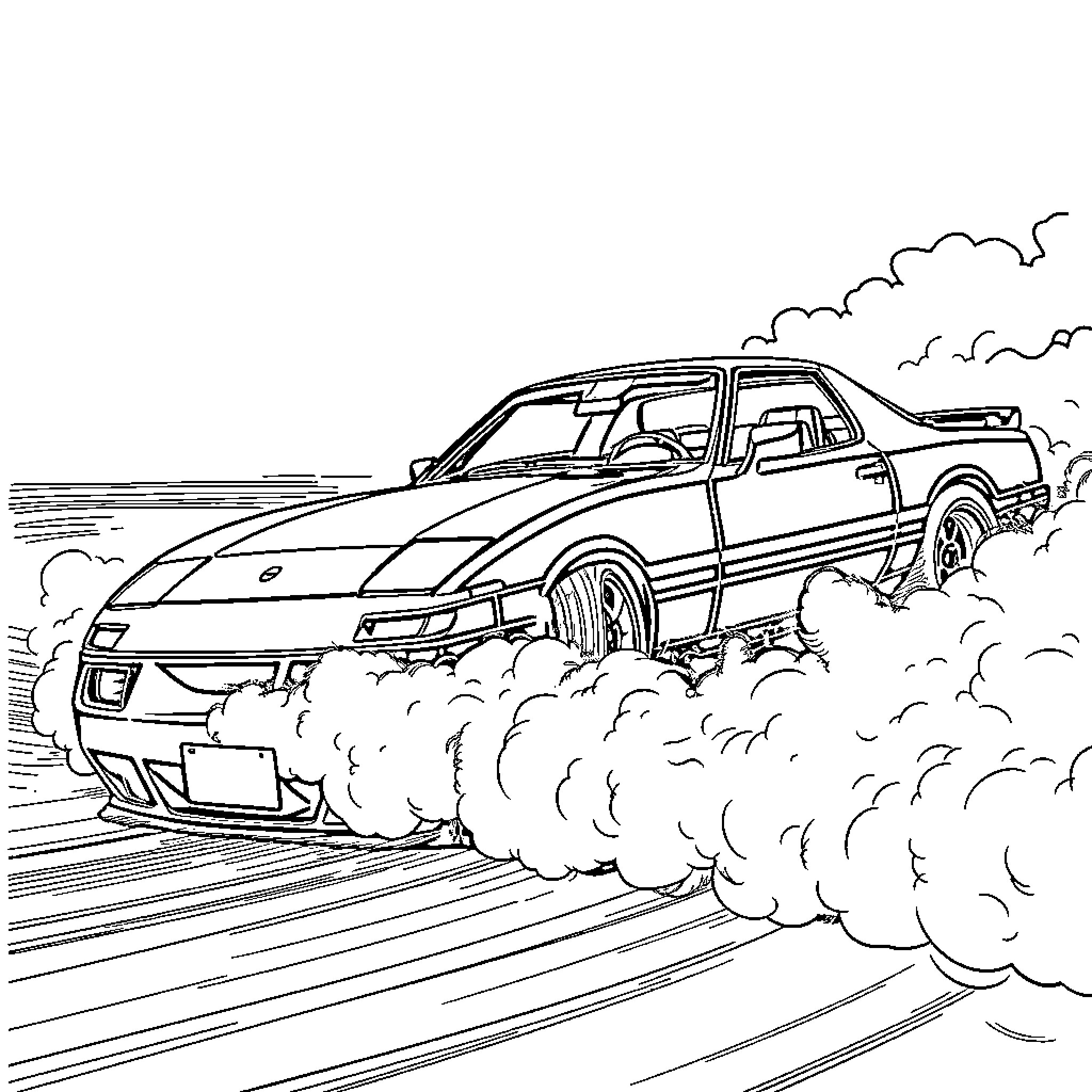 Mazda RX7 speeding down the road kicking up dust Coloring Page (free black-and-white line drawing printable PDF for all, from beginners to advanced learners, including children, teens, adults, and seniors)
