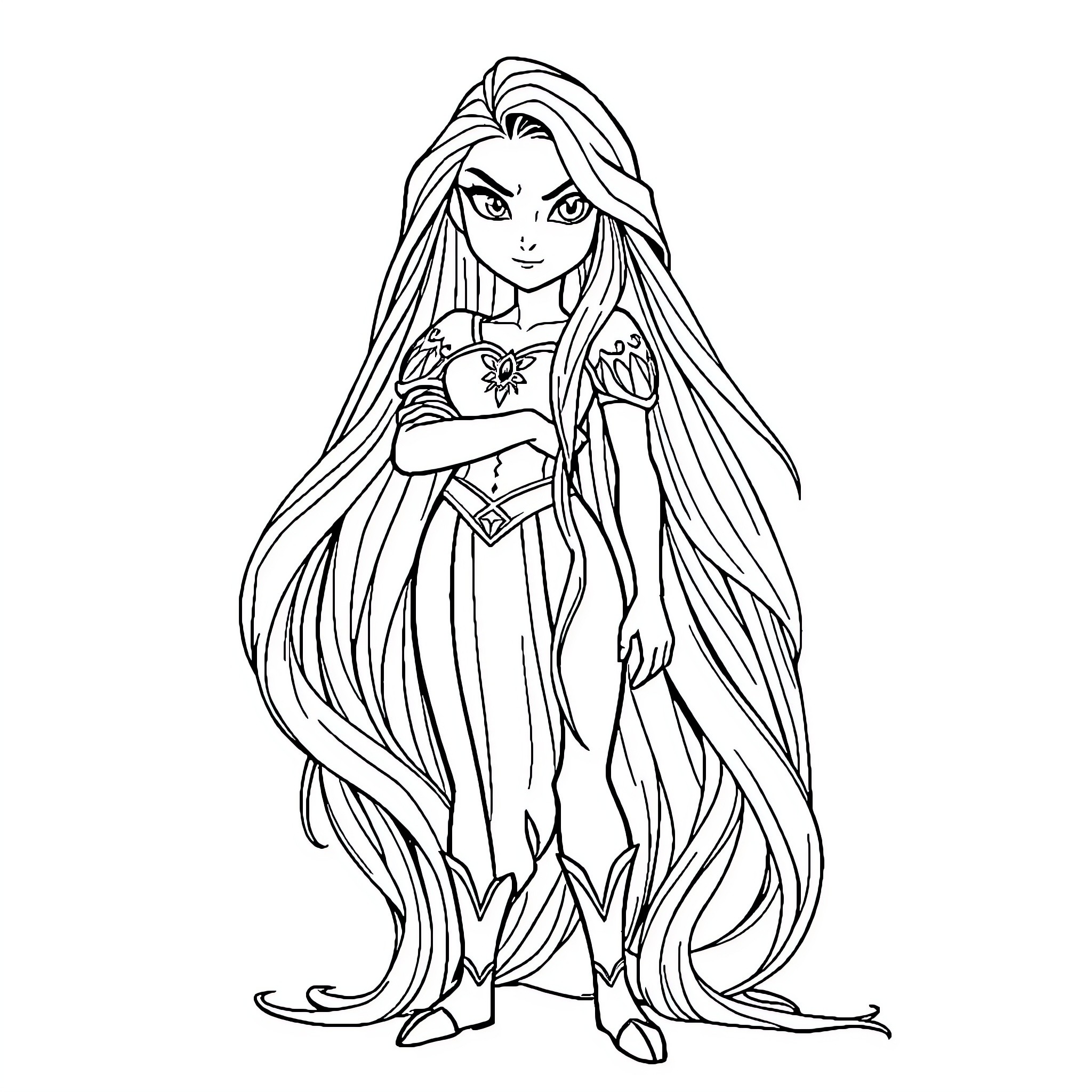 Rapunzel with long flowing hair and elegant dress Coloring Page (free black-and-white line drawing printable PDF for all, from beginners to advanced learners, including children, teens, adults, and seniors)
