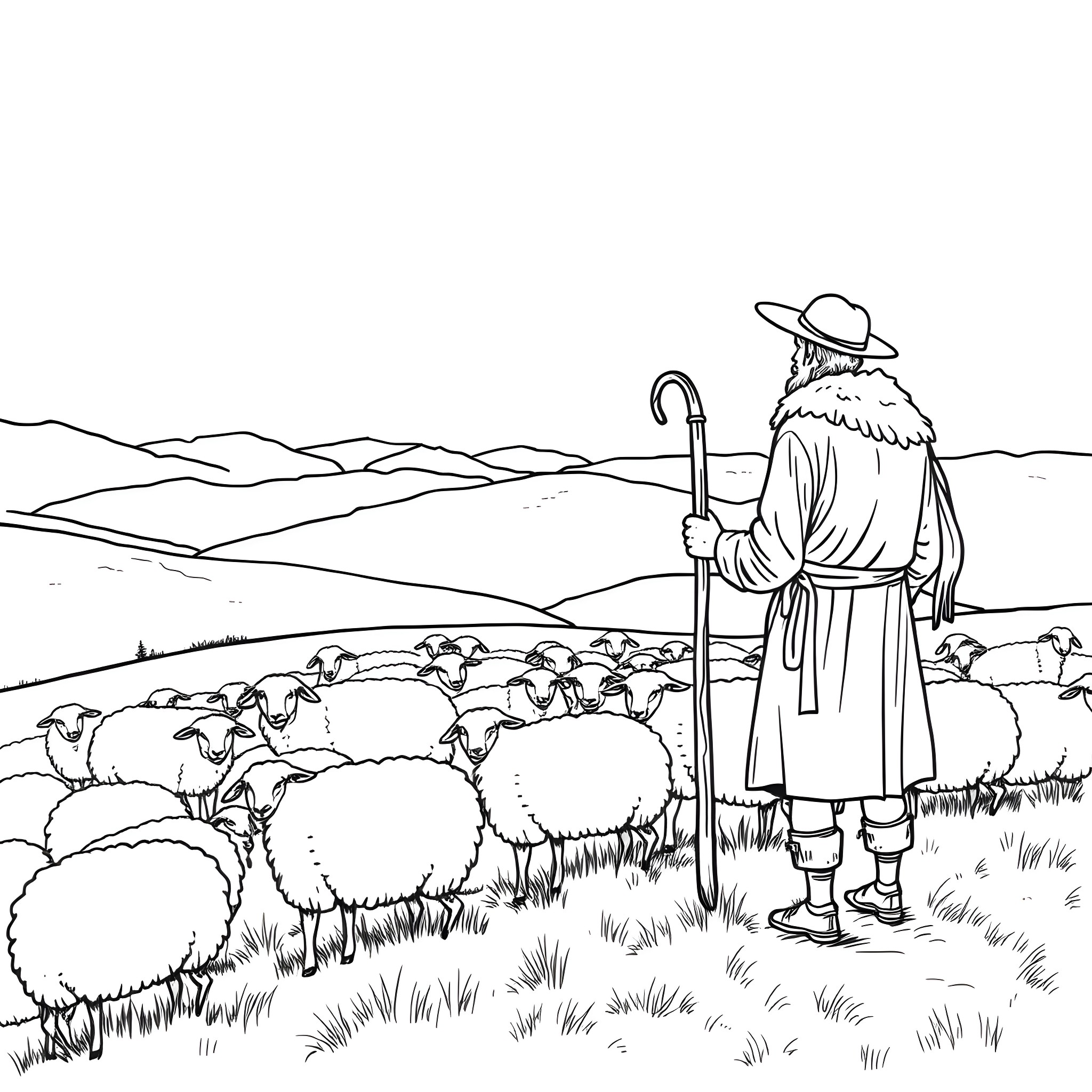 Shepherd herding sheep in the countryside Coloring Page (free black-and-white line drawing printable PDF for all, from beginners to advanced learners, including children, teens, adults, and seniors)