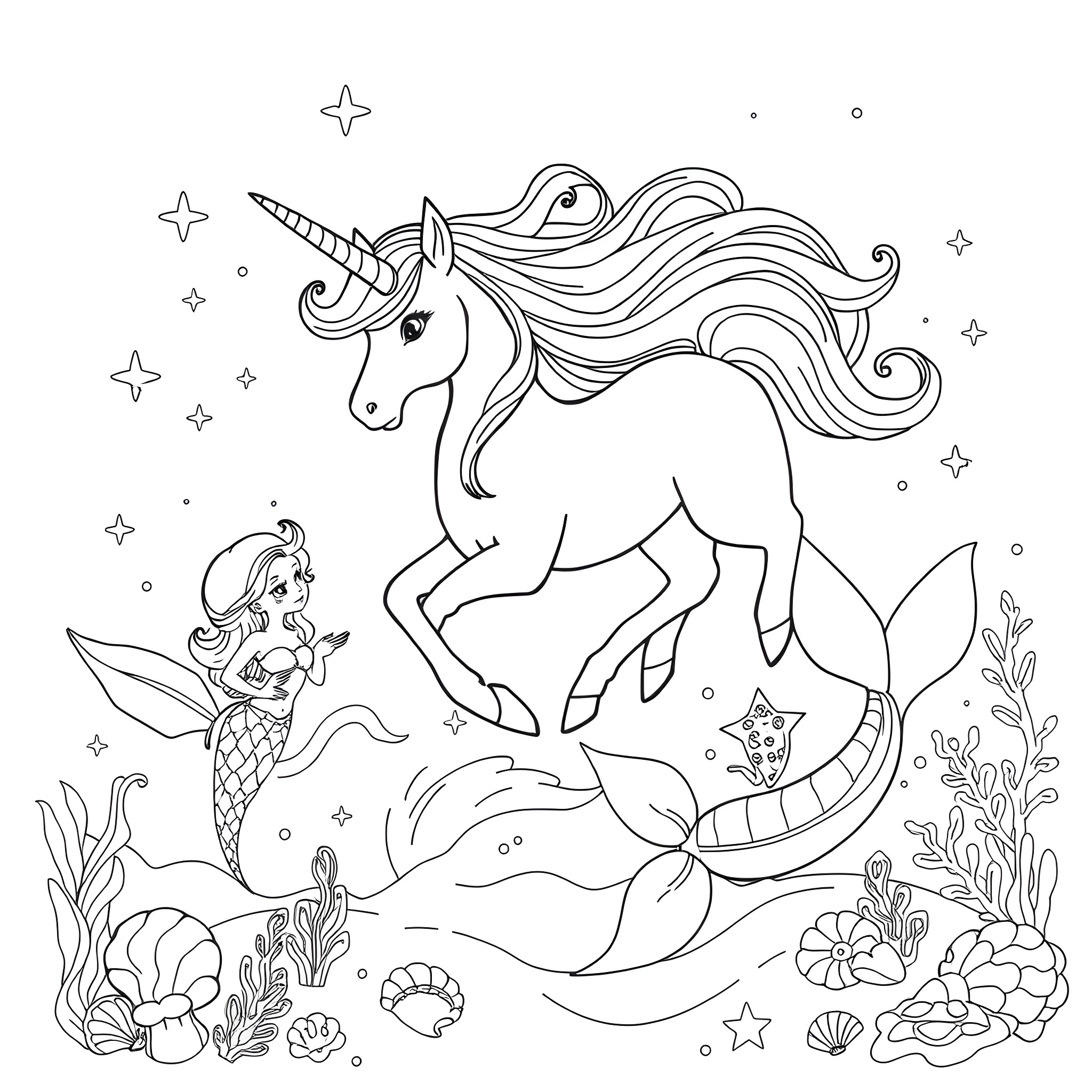 Unicorn Frolicking with Mermaid in Whimsical Underwater Scene Coloring Page (free black-and-white line drawing printable PDF for all, from beginners to advanced learners, including children, teens, adults, and seniors)