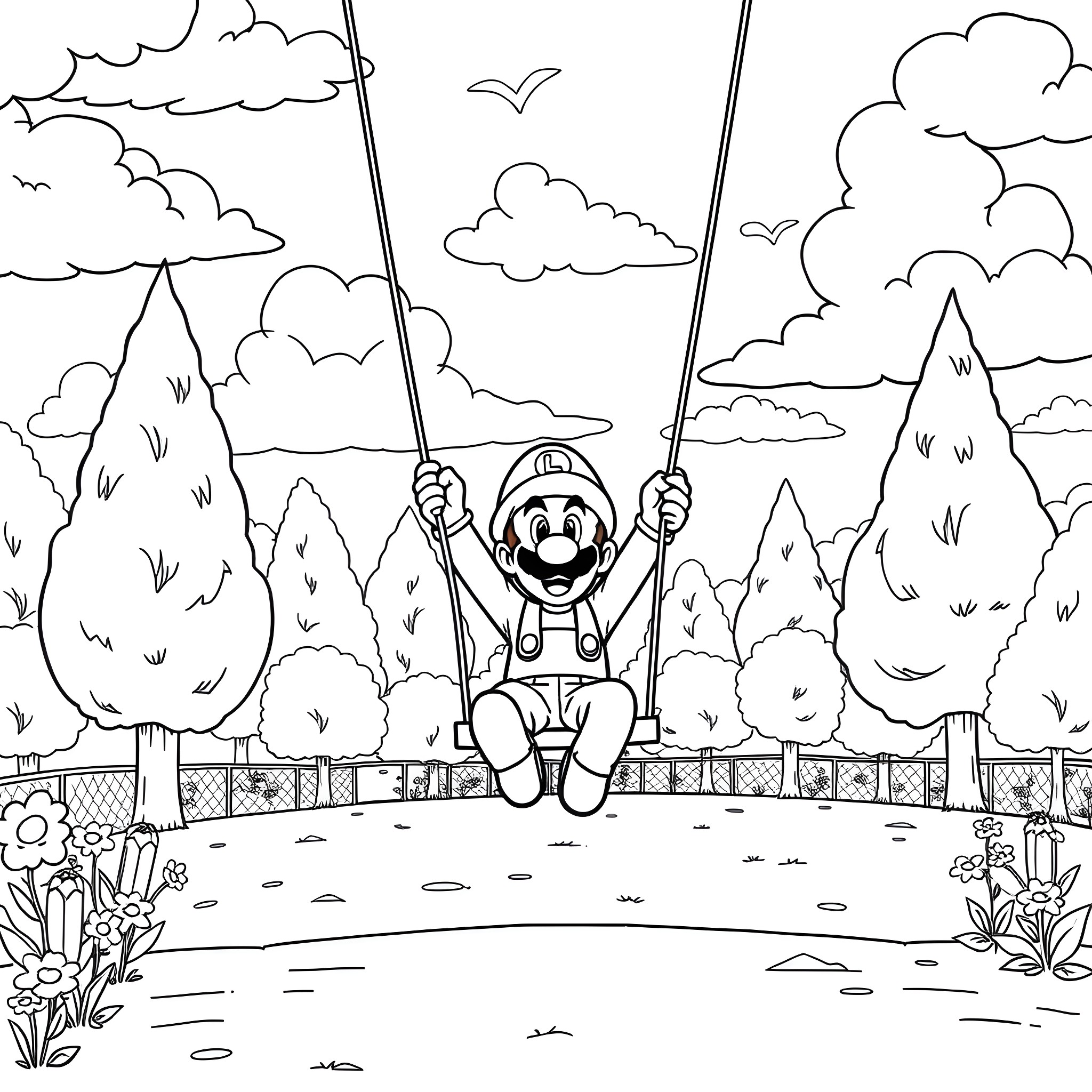 Luigi enjoying a serene swing in the forest Coloring Page (free black-and-white line drawing printable PDF for all, from beginners to advanced learners, including children, teens, adults, and seniors)