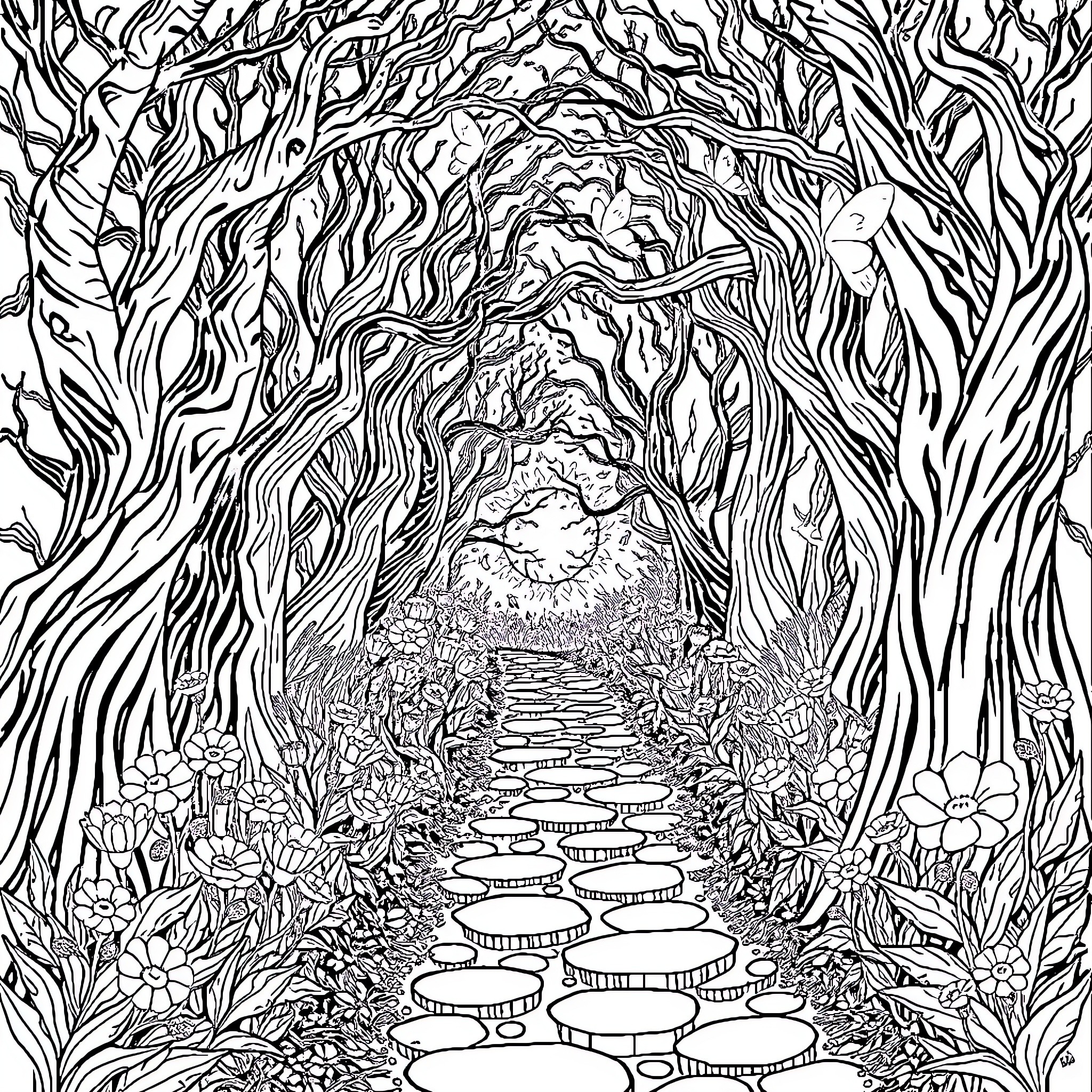 Forest path through twisted trees and vibrant foliage Coloring Page (free black-and-white line drawing printable PDF for all, from beginners to advanced learners, including children, teens, adults, and seniors)