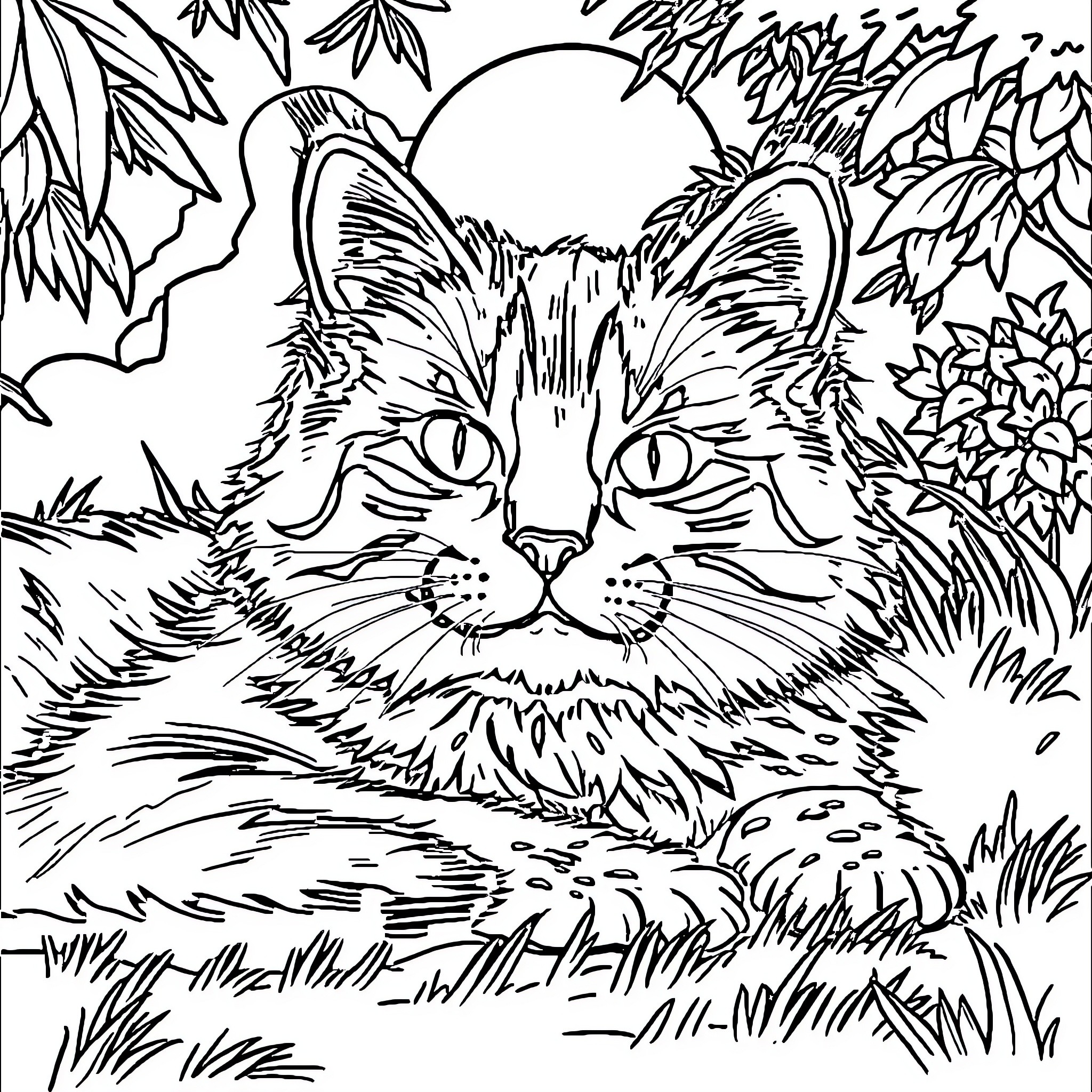 Cat in the nature scene Coloring Page (free black-and-white line drawing printable PDF for all, from beginners to advanced learners, including children, teens, adults, and seniors)