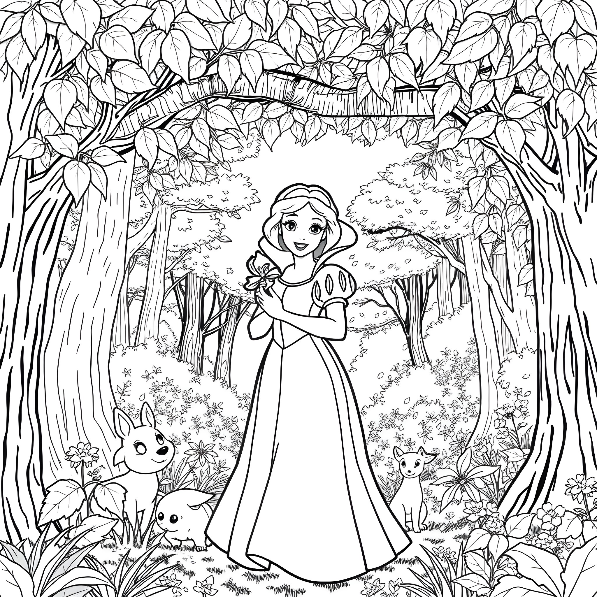 Snow White exploring the enchanted forest with animals Coloring Page (free black-and-white line drawing printable PDF for all, from beginners to advanced learners, including children, teens, adults, and seniors)