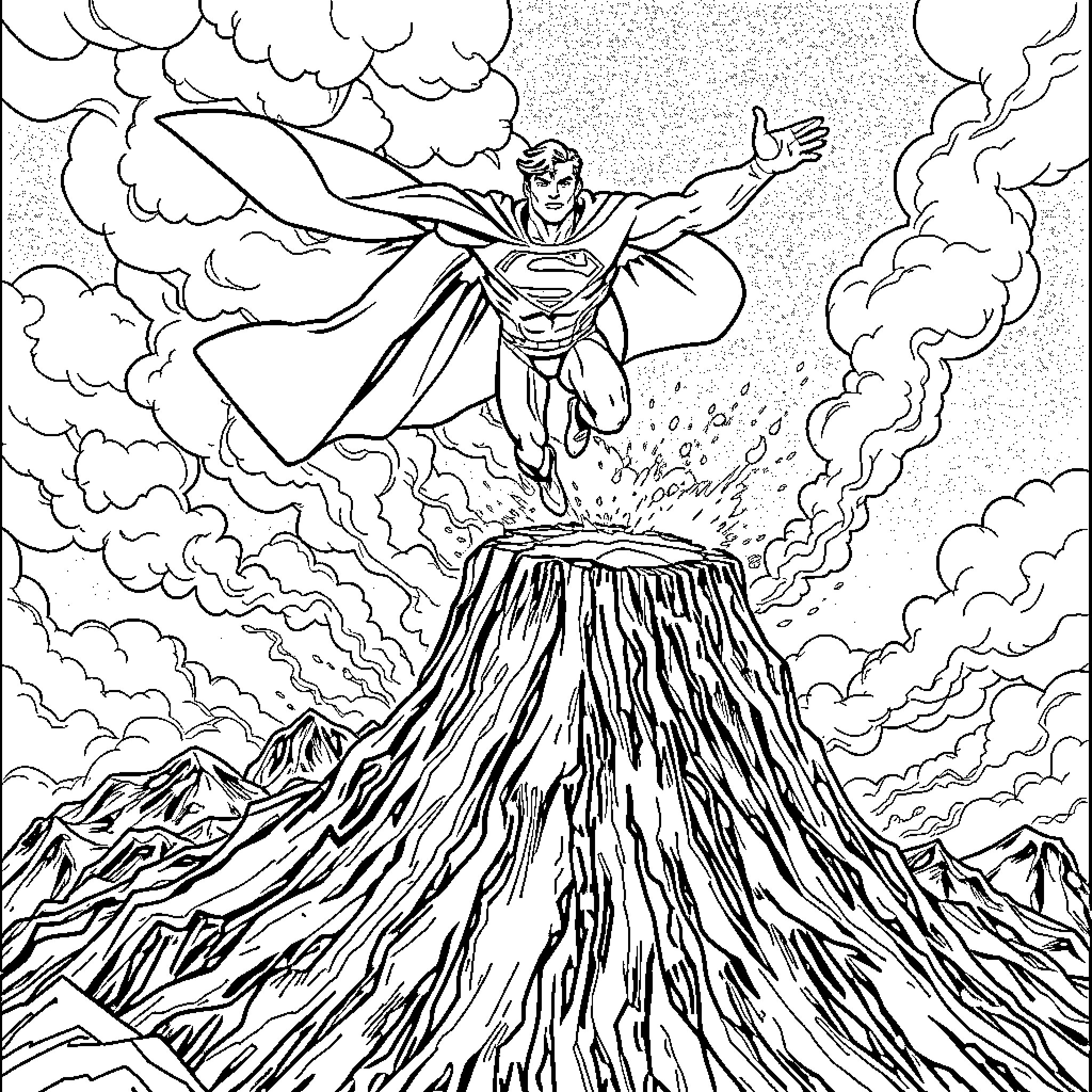 Superman soaring above a volcanic eruption Coloring Page (free black-and-white line drawing printable PDF for all, from beginners to advanced learners, including children, teens, adults, and seniors)