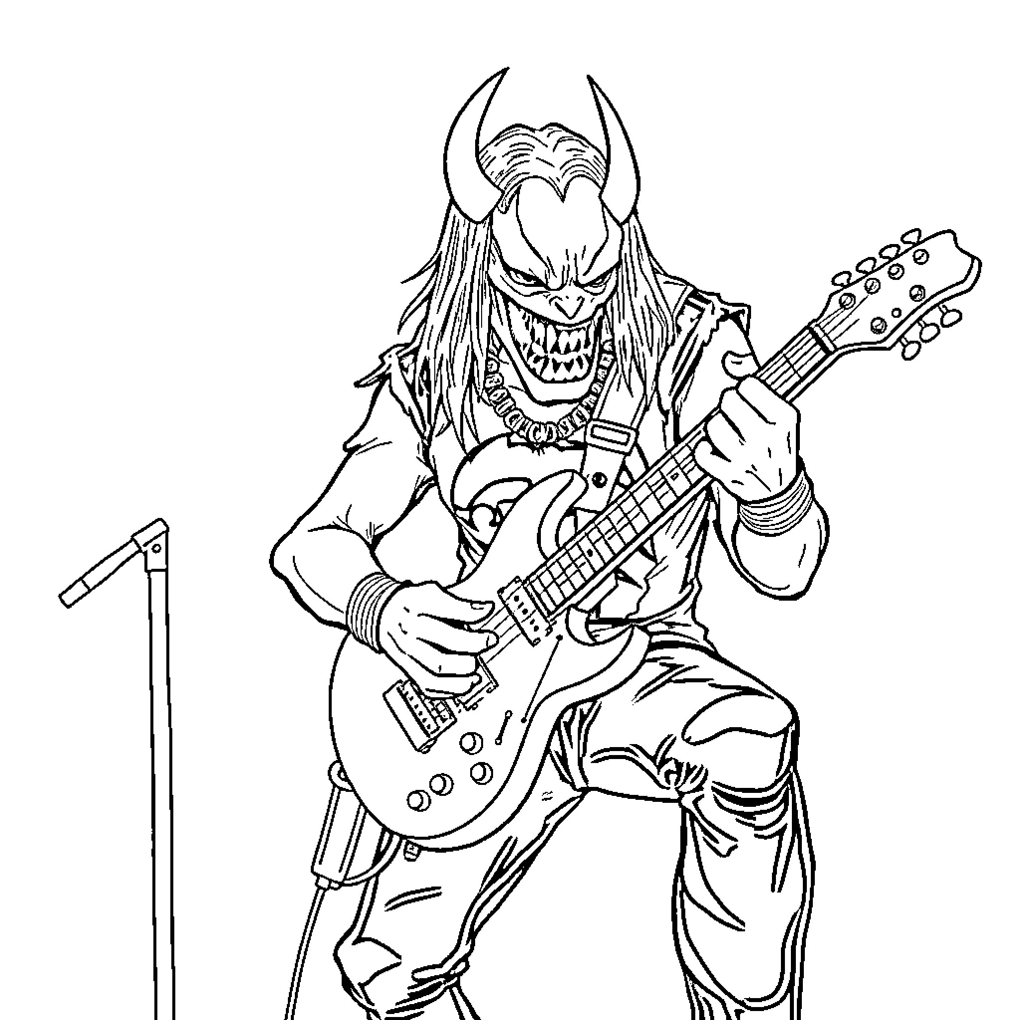 Venom Rocker Unleashing Electrifying Guitar Riffs Coloring Page (free black-and-white line drawing printable PDF for all, from beginners to advanced learners, including children, teens, adults, and seniors)