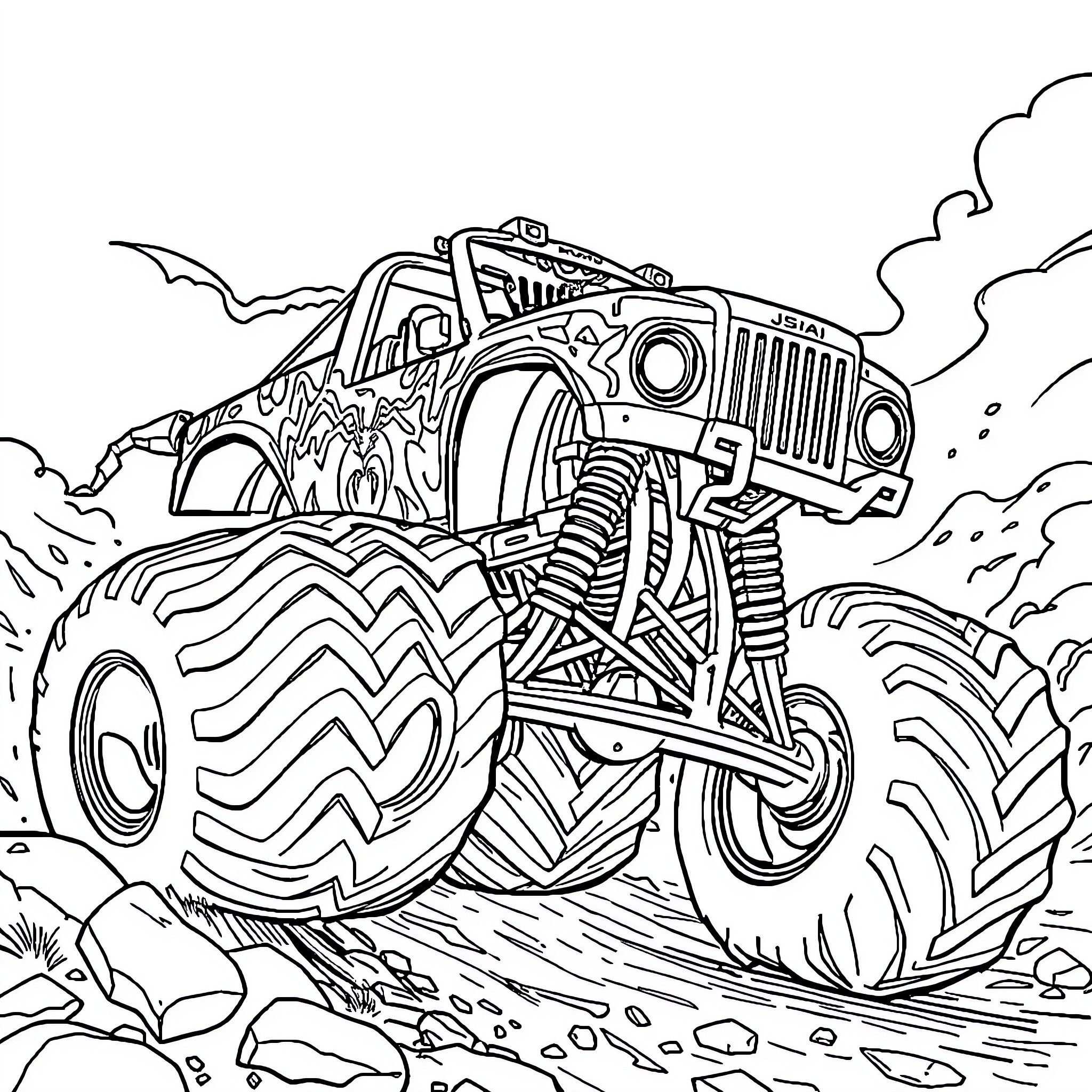 Spider-Man drives a monster truck on a rocky terrain Coloring Page (free black-and-white line drawing printable PDF for all, from beginners to advanced learners, including children, teens, adults, and seniors)