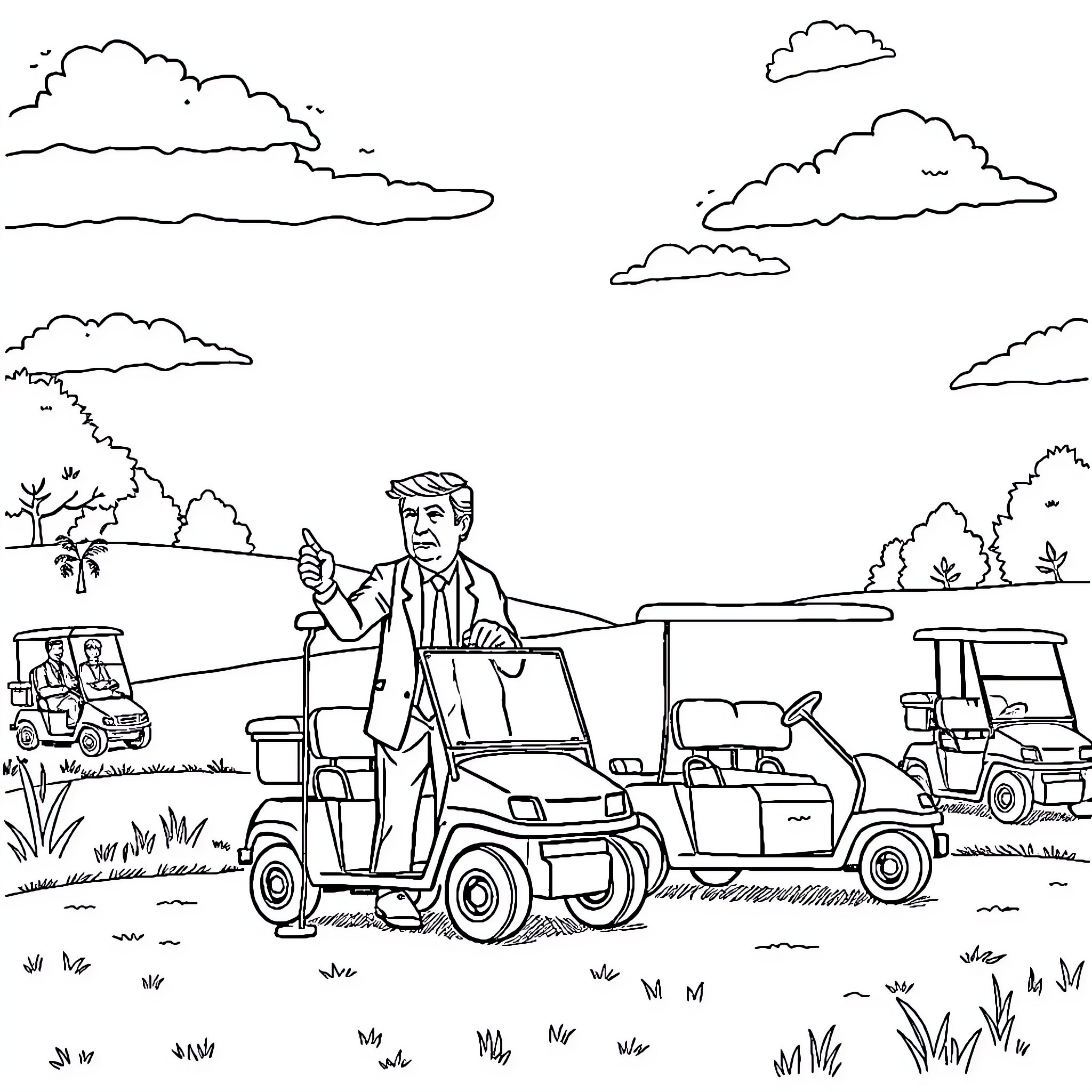 Trump Driving Golf Carts on the Green Coloring Page (free black-and-white line drawing printable PDF for all, from beginners to advanced learners, including children, teens, adults, and seniors)