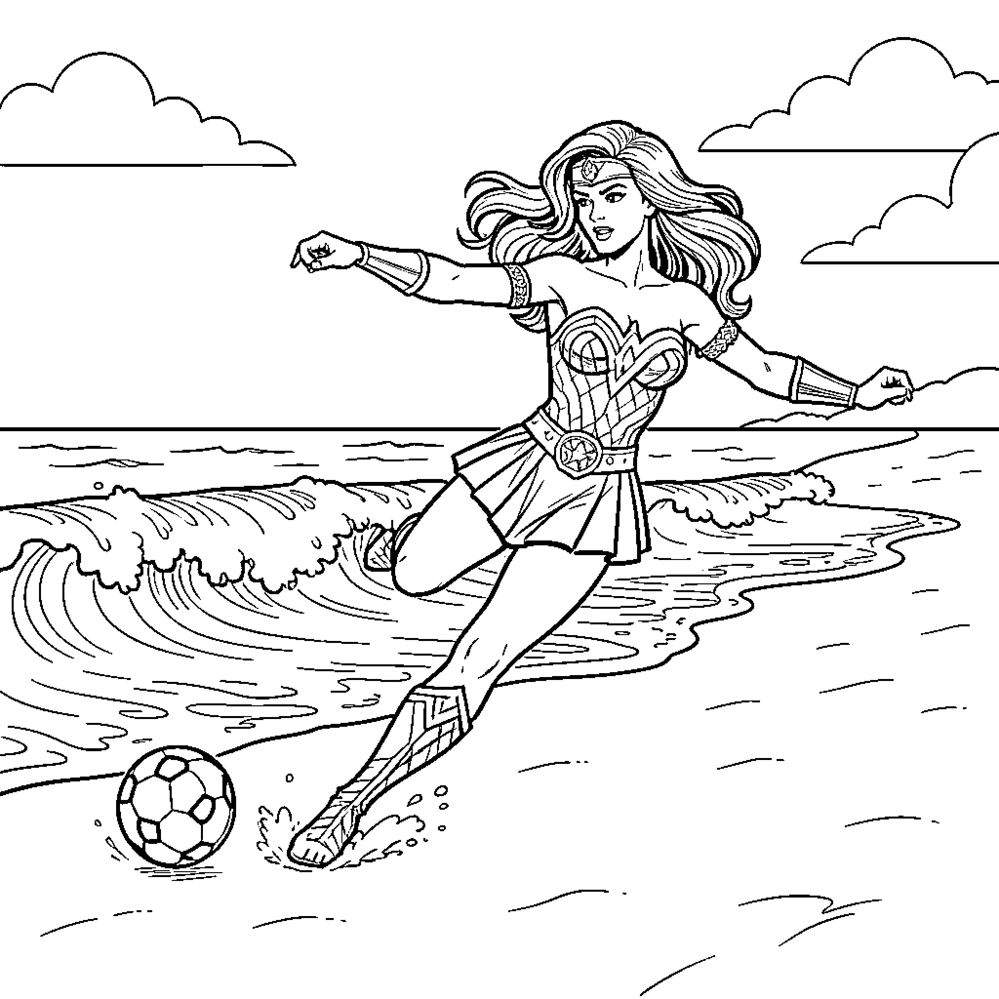 Wonder Woman playing soccer on the beach Coloring Page (free black-and-white line drawing printable PDF for all, from beginners to advanced learners, including children, teens, adults, and seniors)